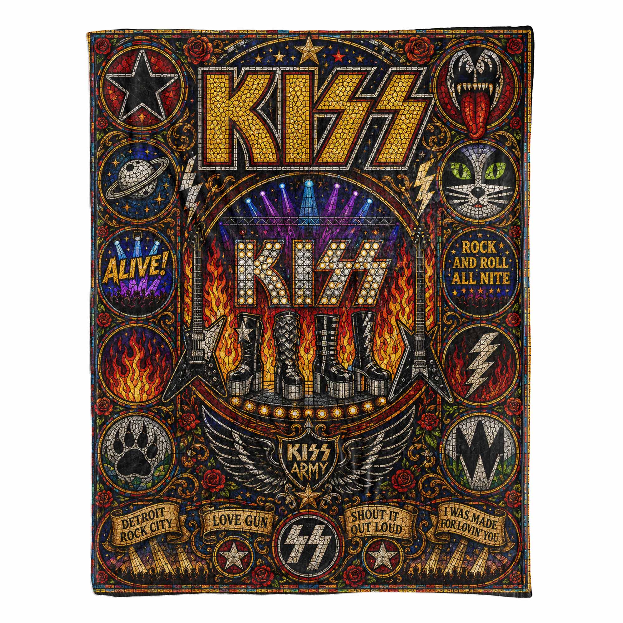 KISS Band Sherpa Blanket Detroit Rock City Stained Glass Blanket