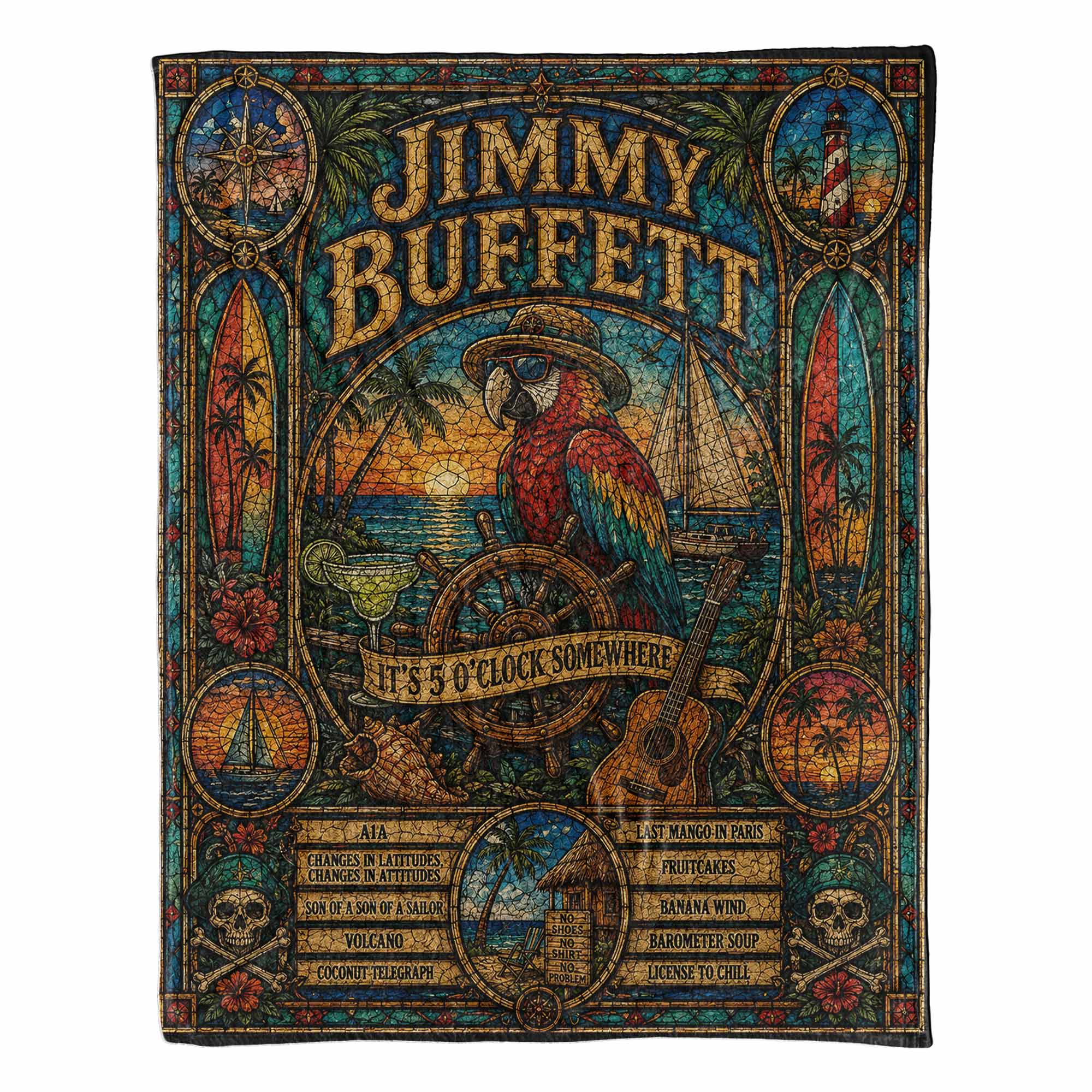 Jimmy Buffett Sherpa Blanket Margaritaville Stained Glass Tropical Coastal Blanket