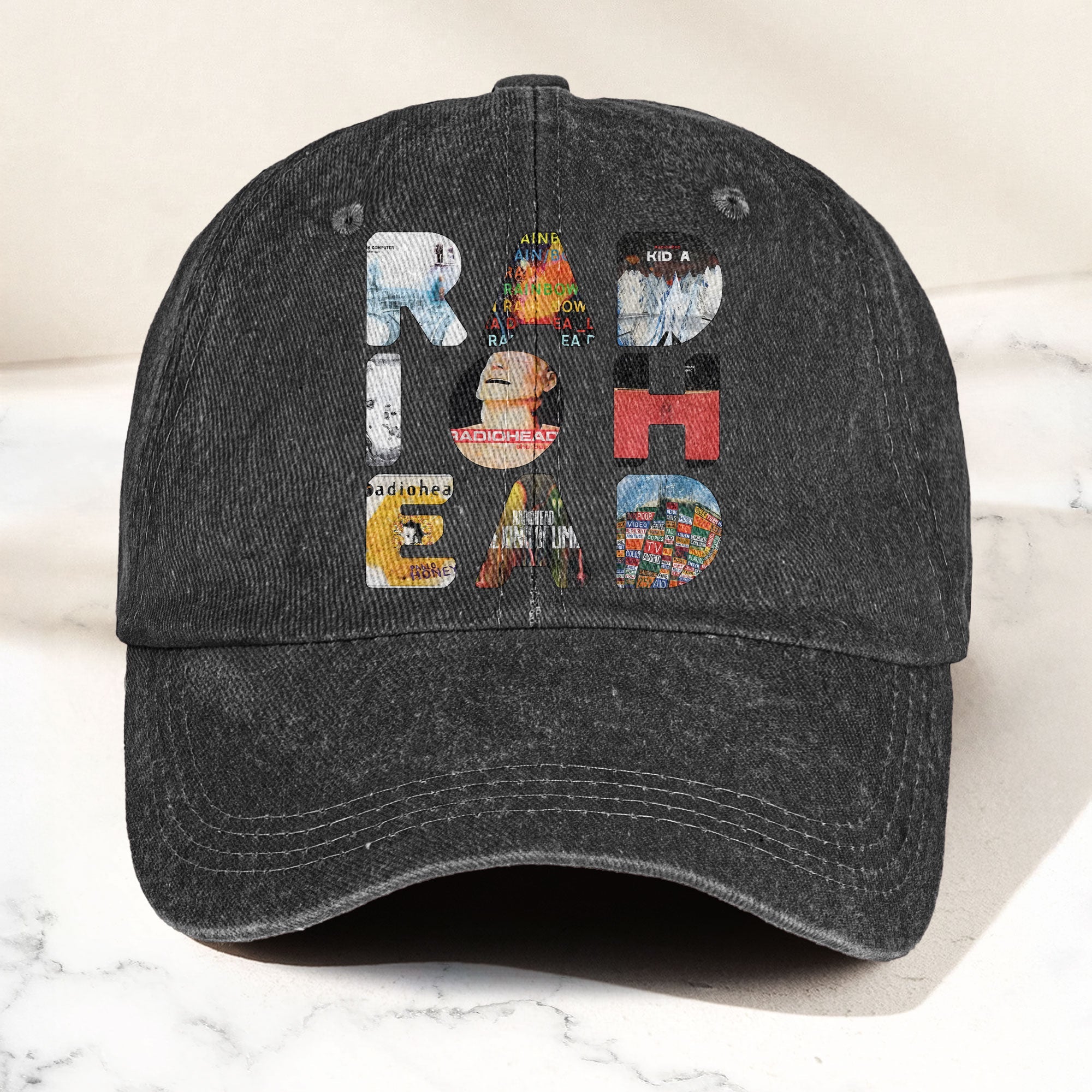 Radiohead Album Collage Denim Dad Cap Vintage Washed Alternative Rock Hat