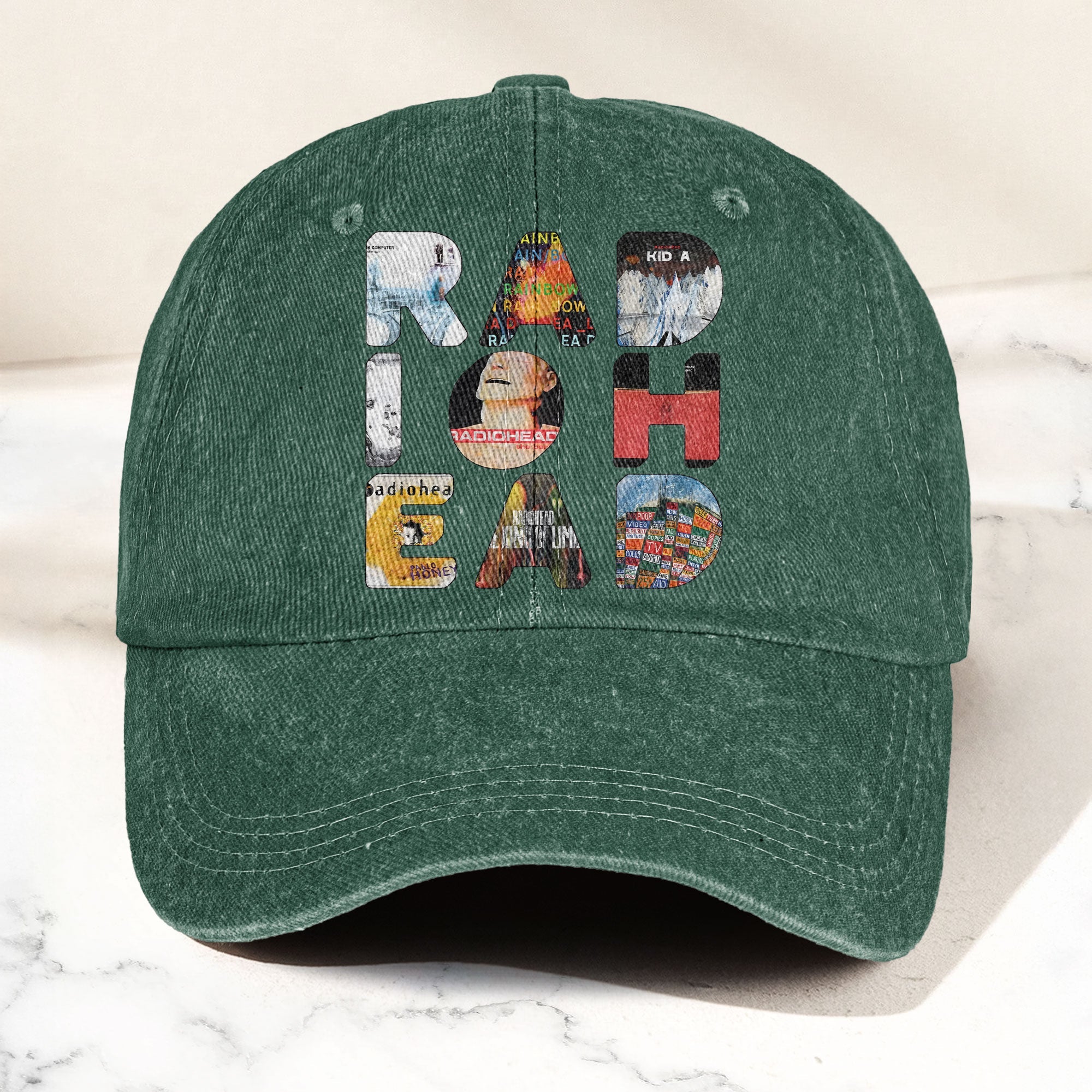 Radiohead Album Collage Denim Dad Cap Vintage Washed Alternative Rock Hat