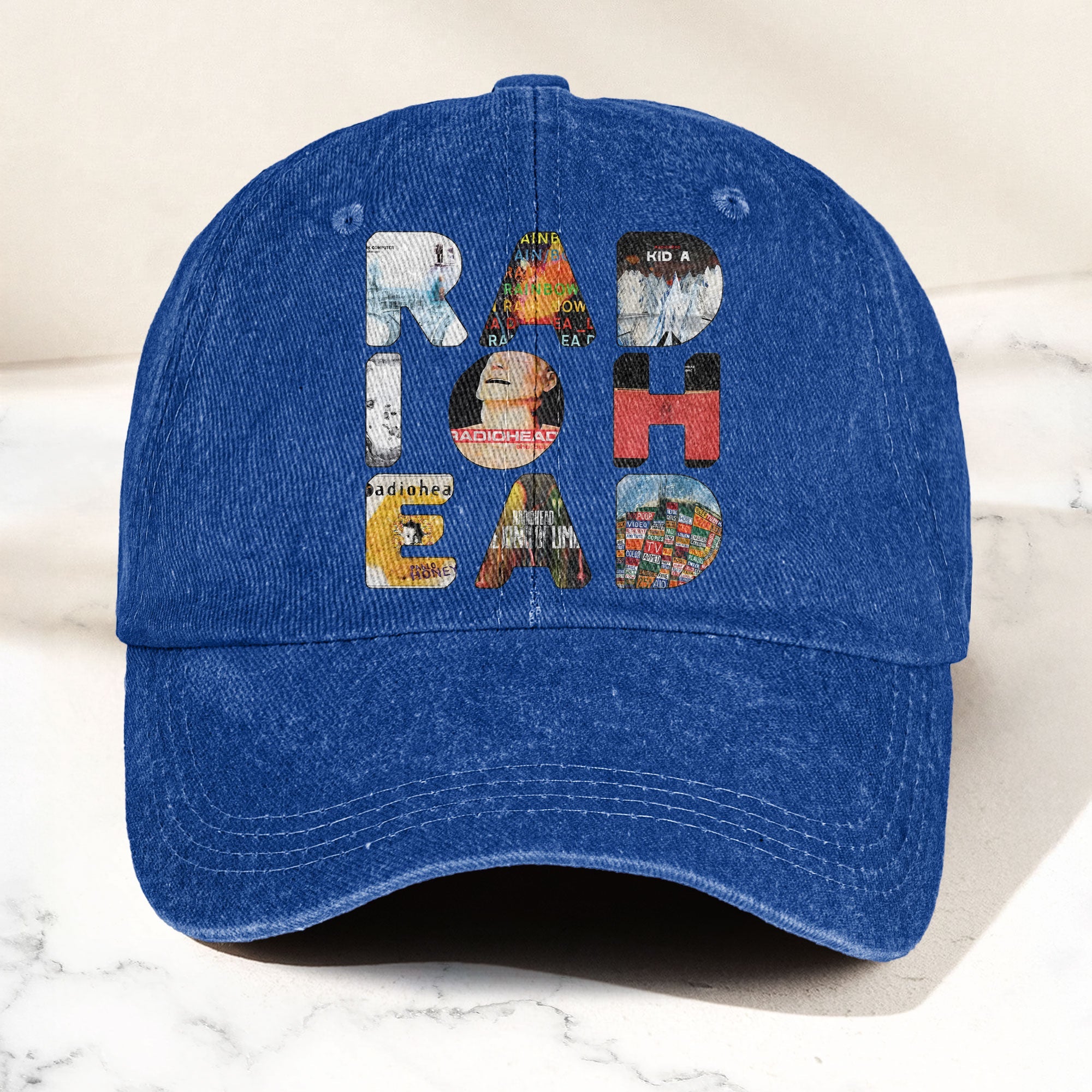 Radiohead Album Collage Denim Dad Cap Vintage Washed Alternative Rock Hat