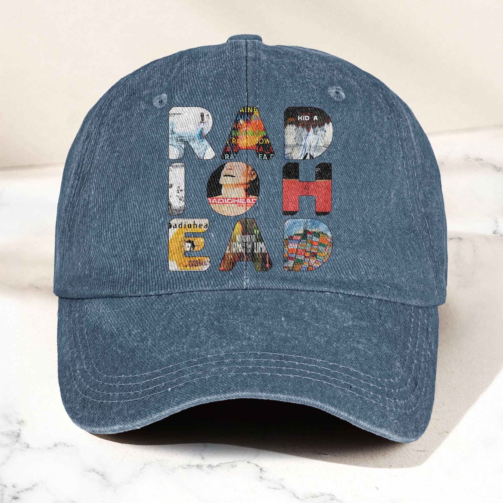 Radiohead Album Collage Denim Dad Cap Vintage Washed Alternative Rock Hat