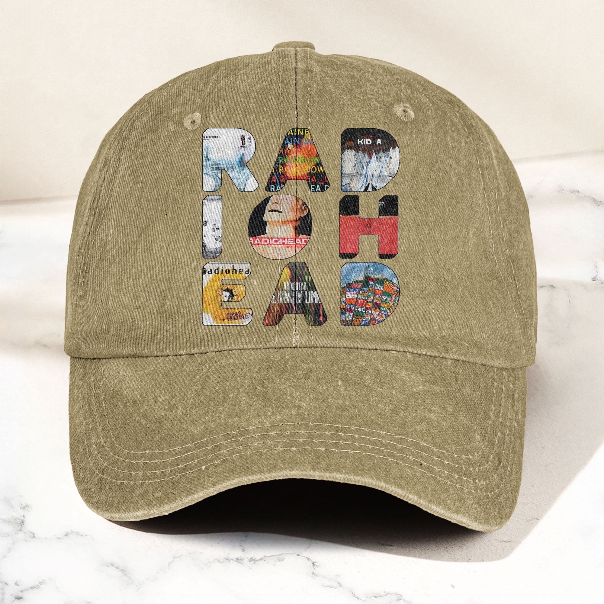 Radiohead Album Collage Denim Dad Cap Vintage Washed Alternative Rock Hat