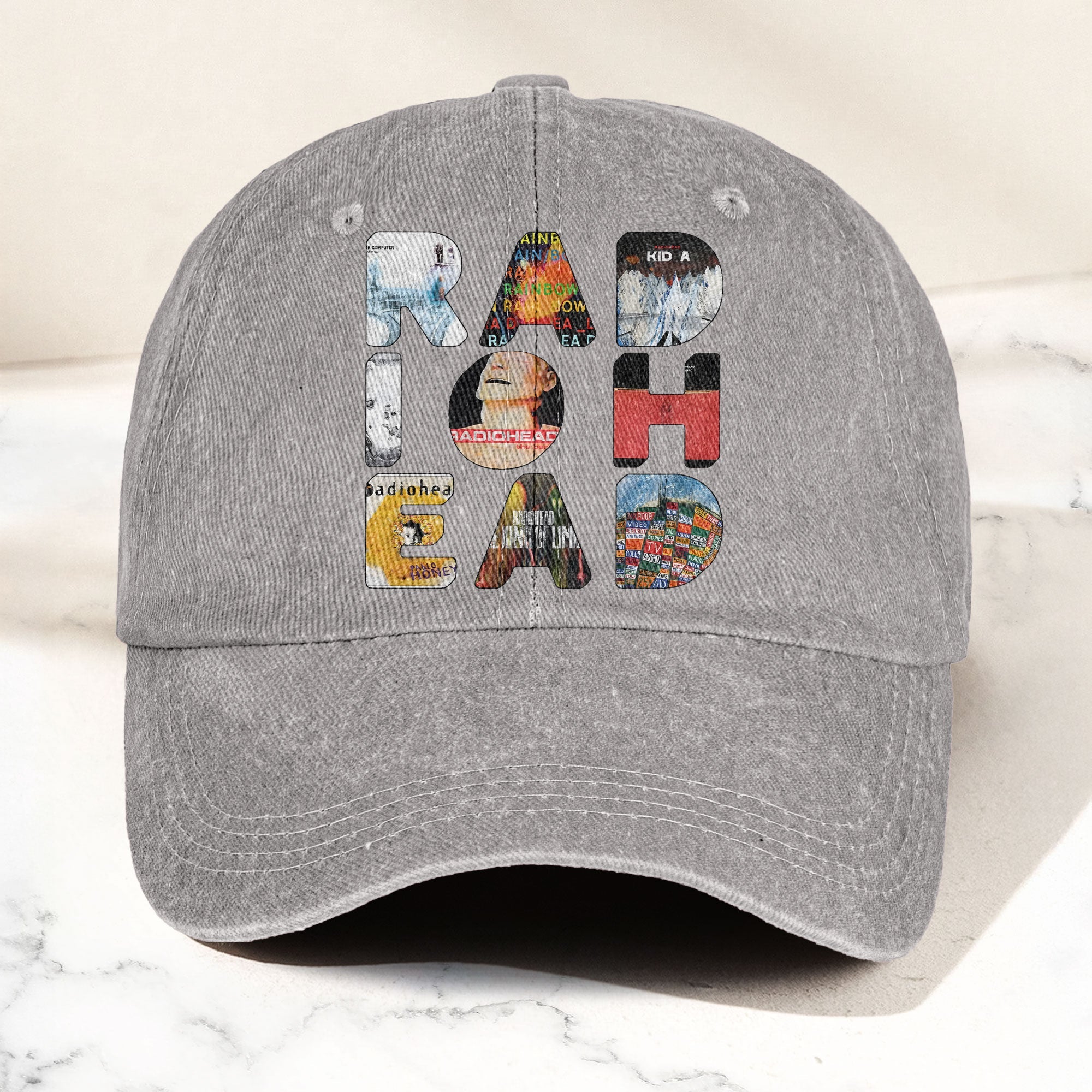 Radiohead Album Collage Denim Dad Cap Vintage Washed Alternative Rock Hat