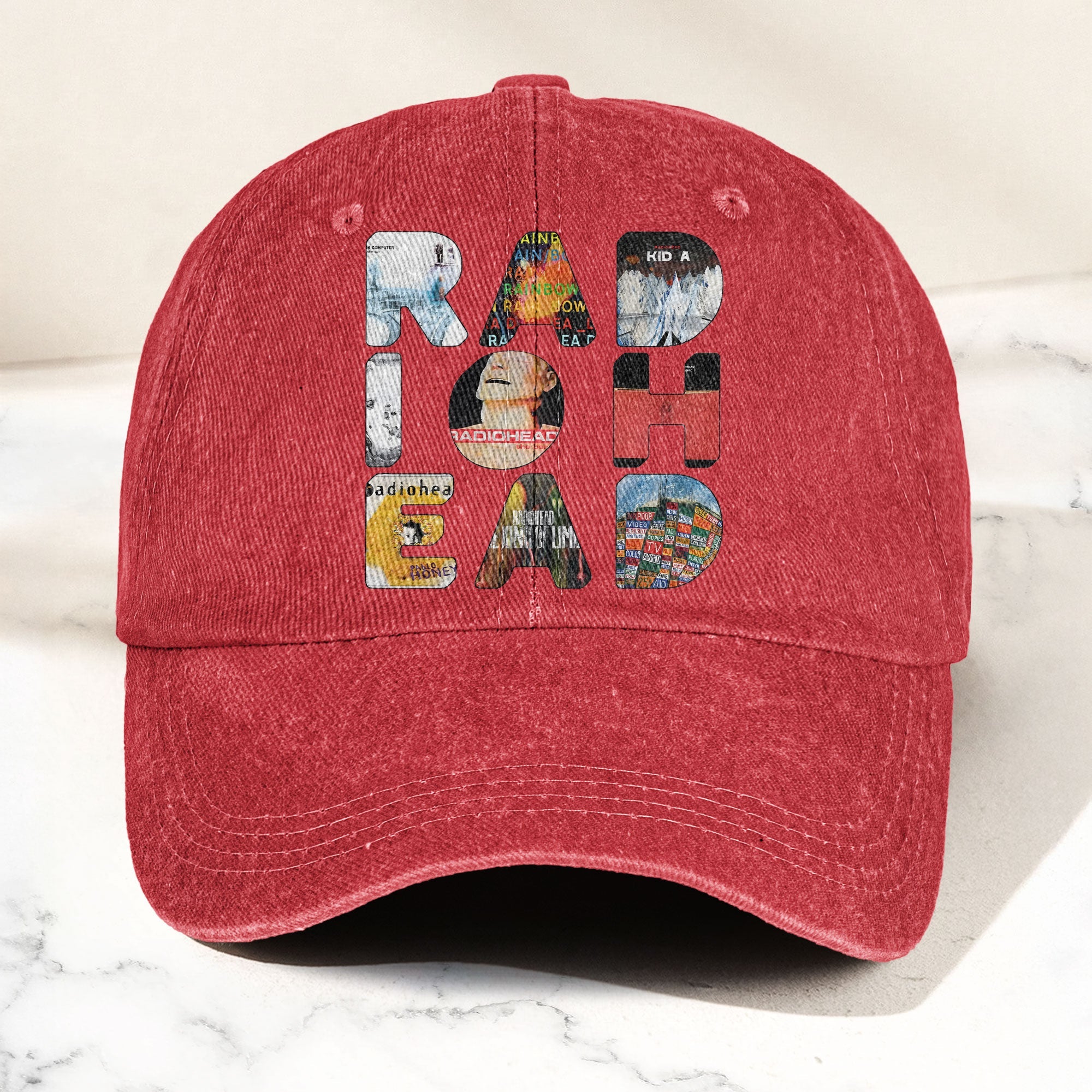 Radiohead Album Collage Denim Dad Cap Vintage Washed Alternative Rock Hat