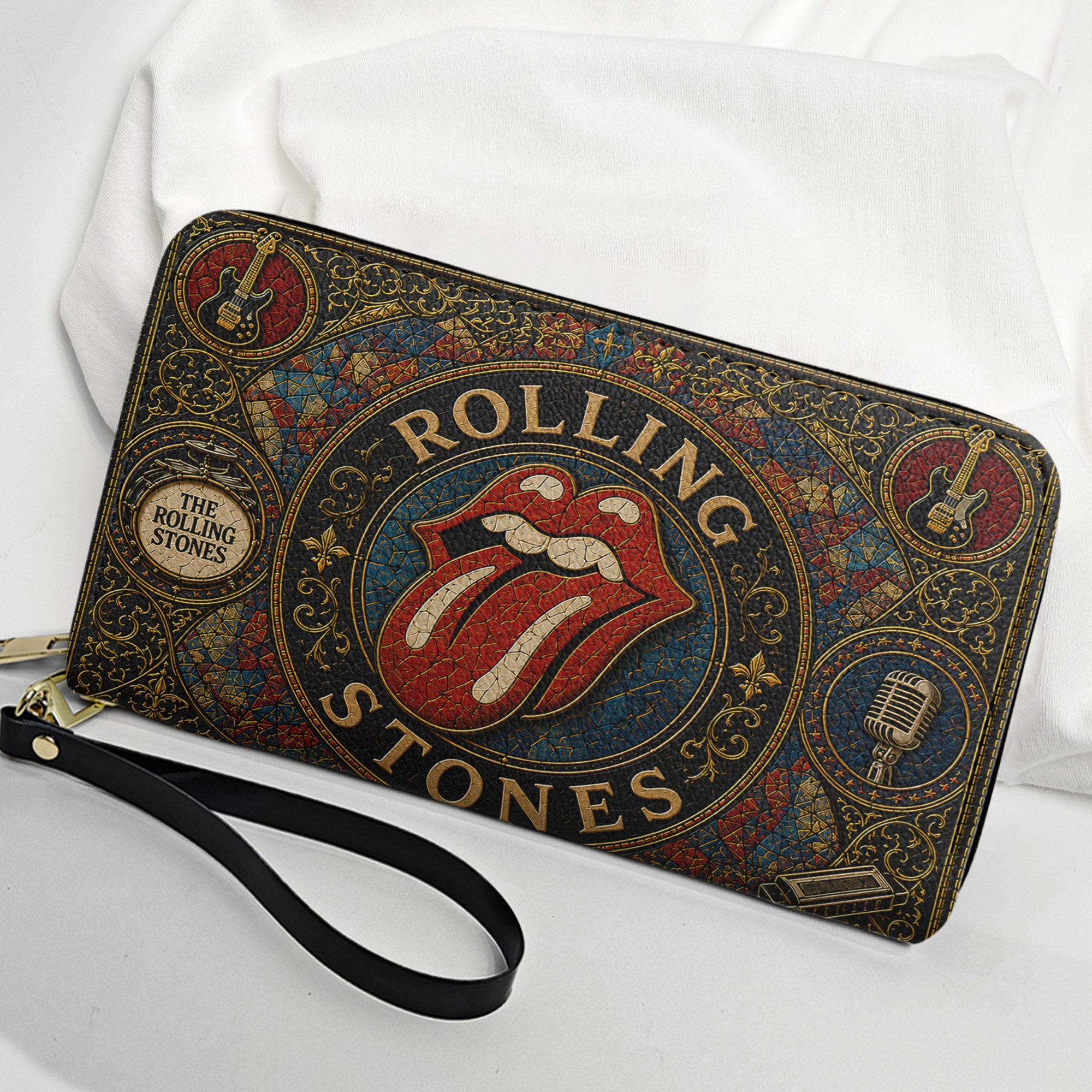 The Rolling Stones Leather Handbag, Tote Bag and Wallet Set, Vintage Stained Glass Tongue Logo Design, Classic Rock Fan Gift