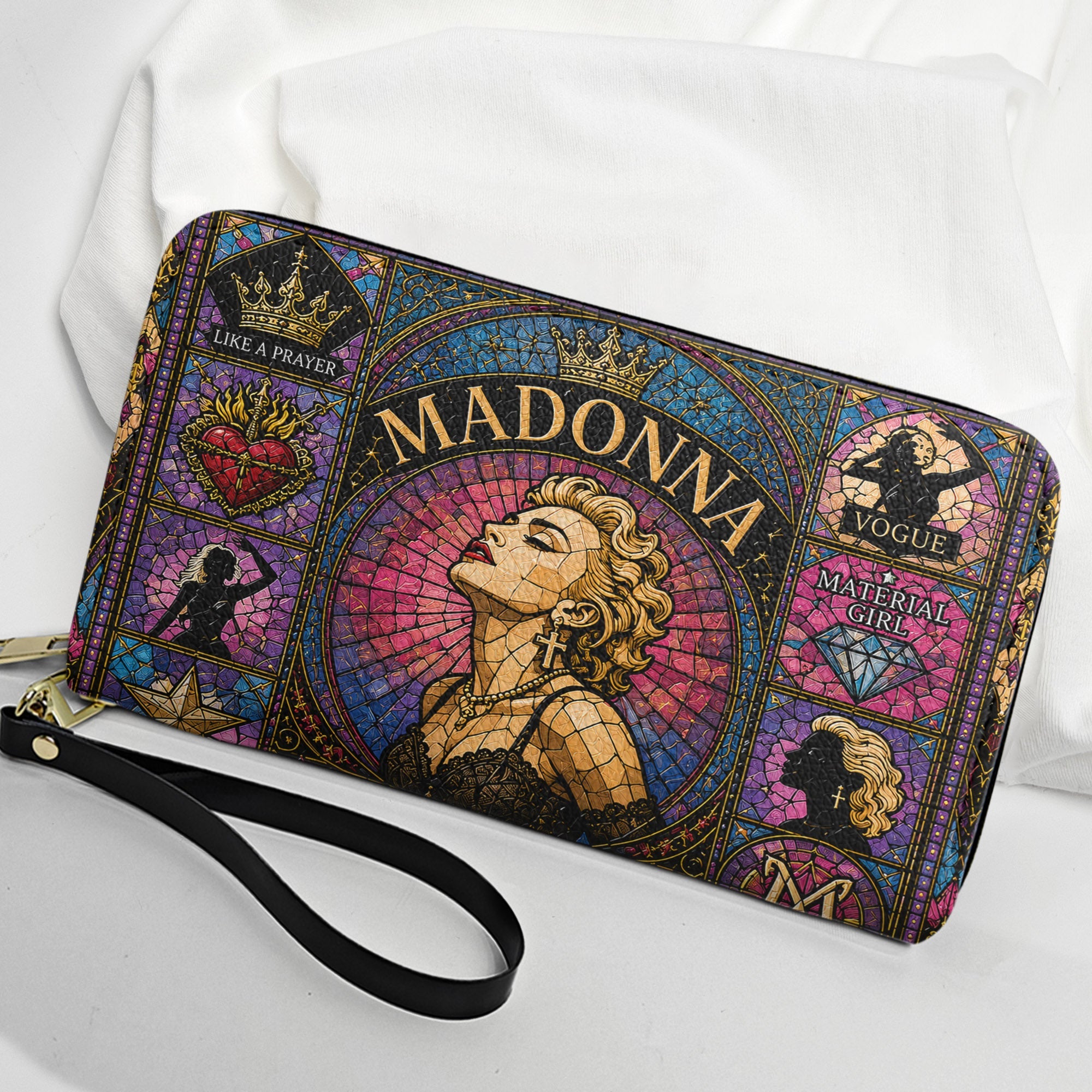 Madonna Leather Handbag, Tote Bag and Wallet Set, Colorful Stained Glass Queen of Pop Design, Vintage Pop Music Fan Gift