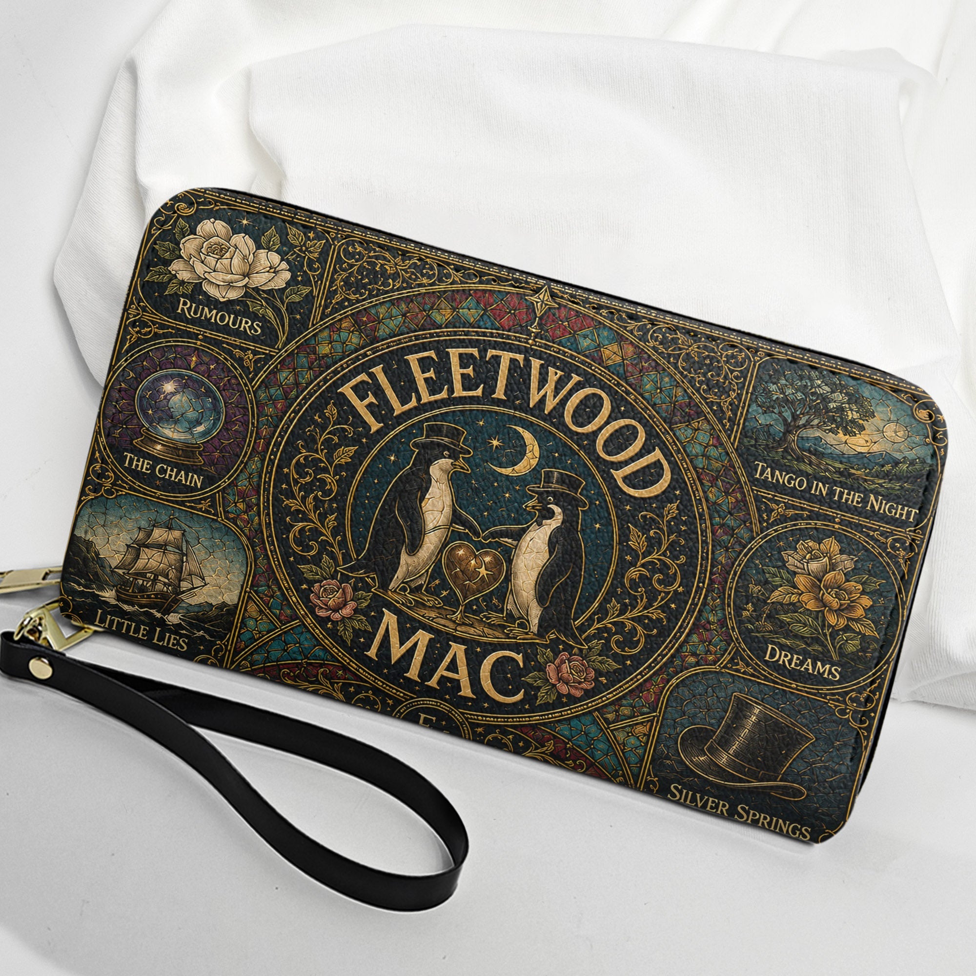 Fleetwood Mac Leather Handbag, Tote Bag and Wallet Set, Vintage Stained Glass Rumours Design, Classic Rock Music Fan Gift