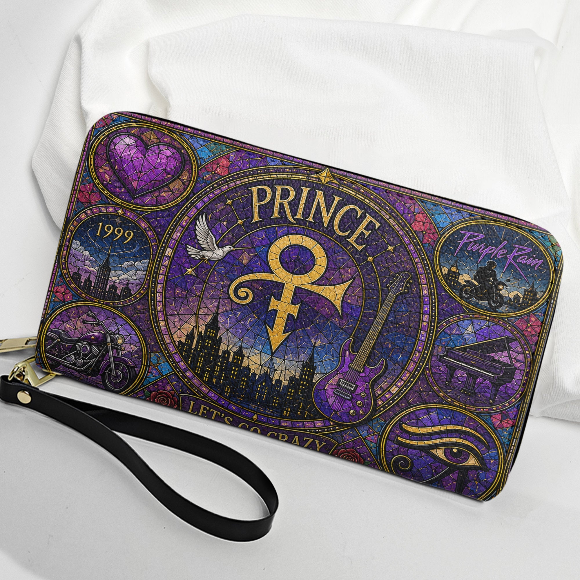 Prince Leather Handbag, Tote Bag and Wallet Set, Purple Stained Glass Symbol Design, Purple Rain Music Fan Gift