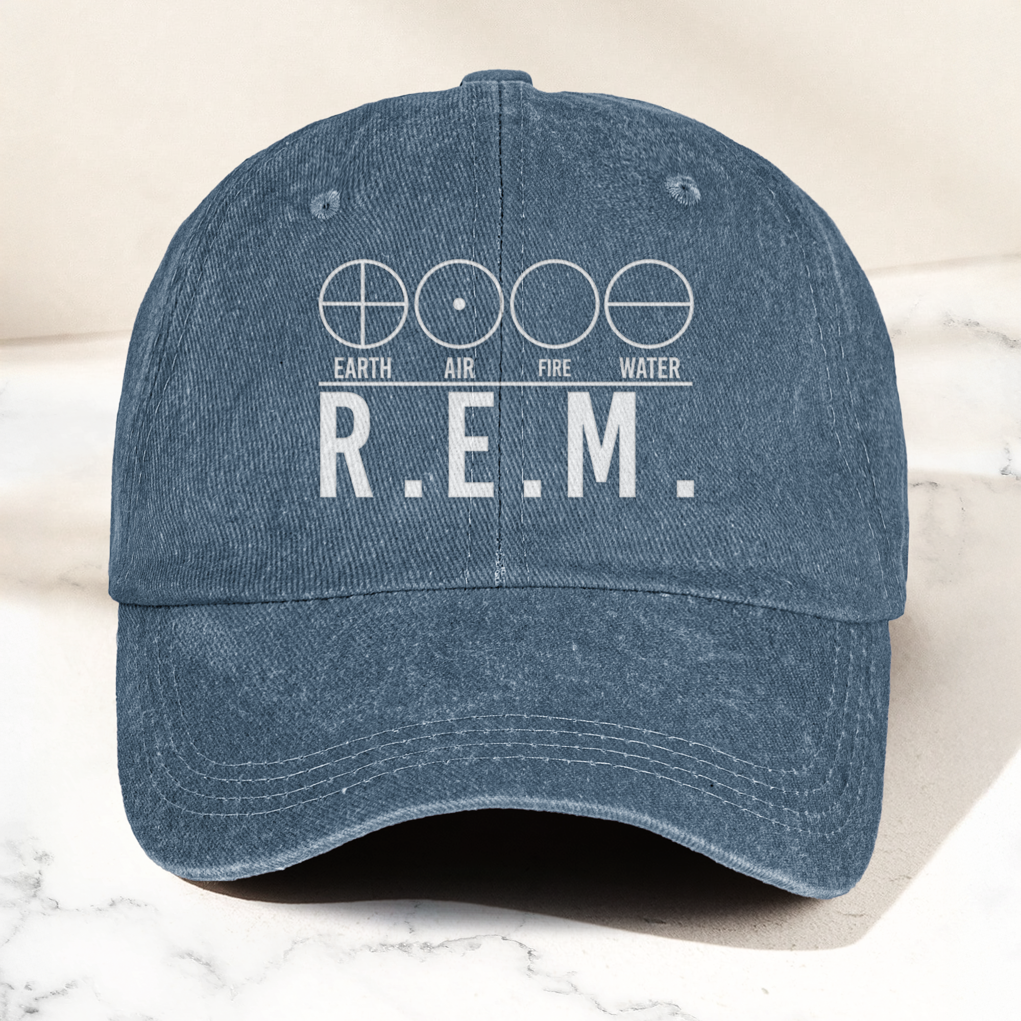 R.E.M Elements Logo Cap Vintage Washed Black Denim Dad Hat, Earth Air Fire Water Minimalist Band Hat (With Box)