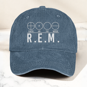 R.E.M Elements Logo Cap Vintage Washed Black Denim Dad Hat, Earth Air Fire Water Minimalist Band Hat (With Box)