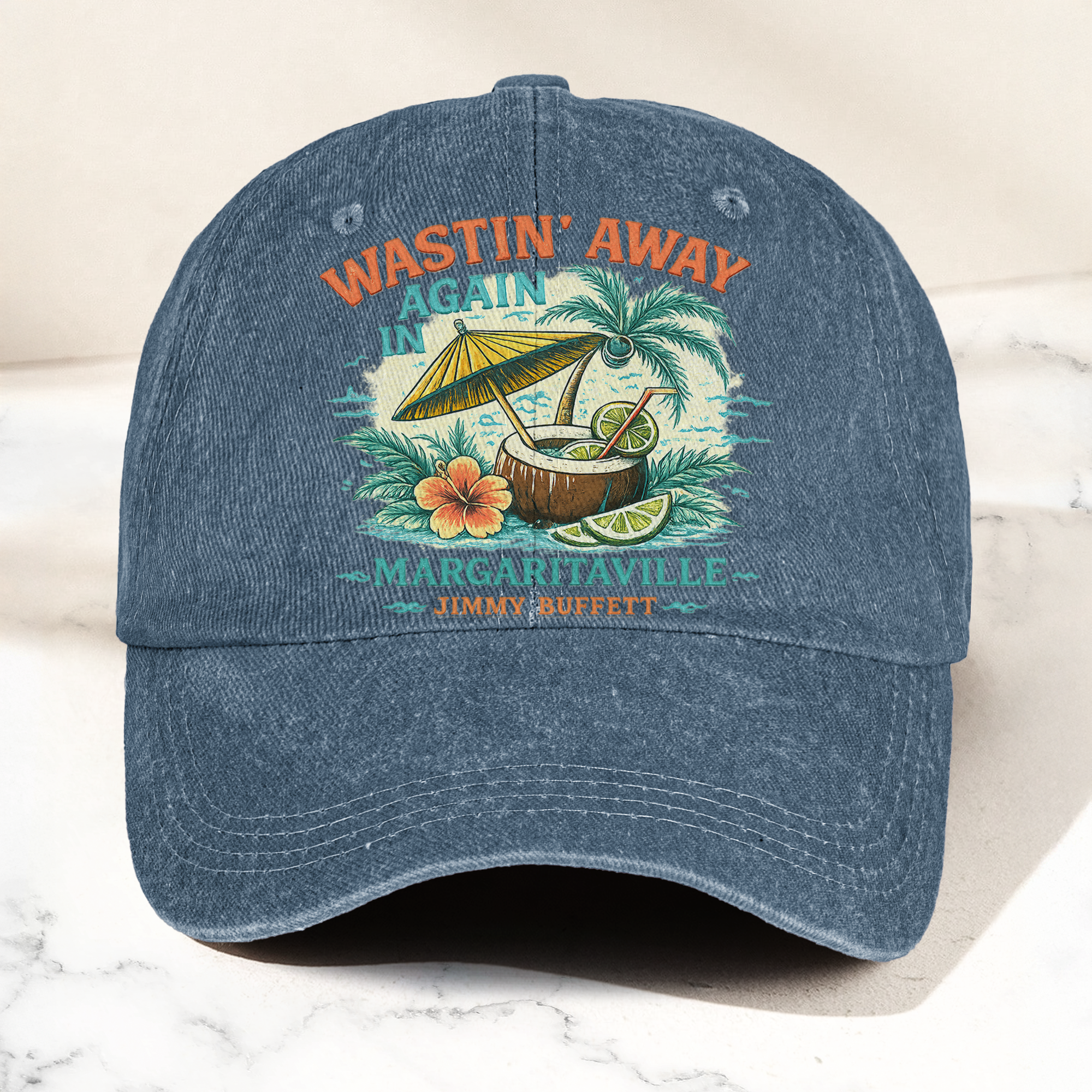 Jimmy Buffett Margaritaville Wastin Away Again Tropical Cocktail Beach Denim Cap Retro Vintage Dad Cap Gift For Dad (With Box)