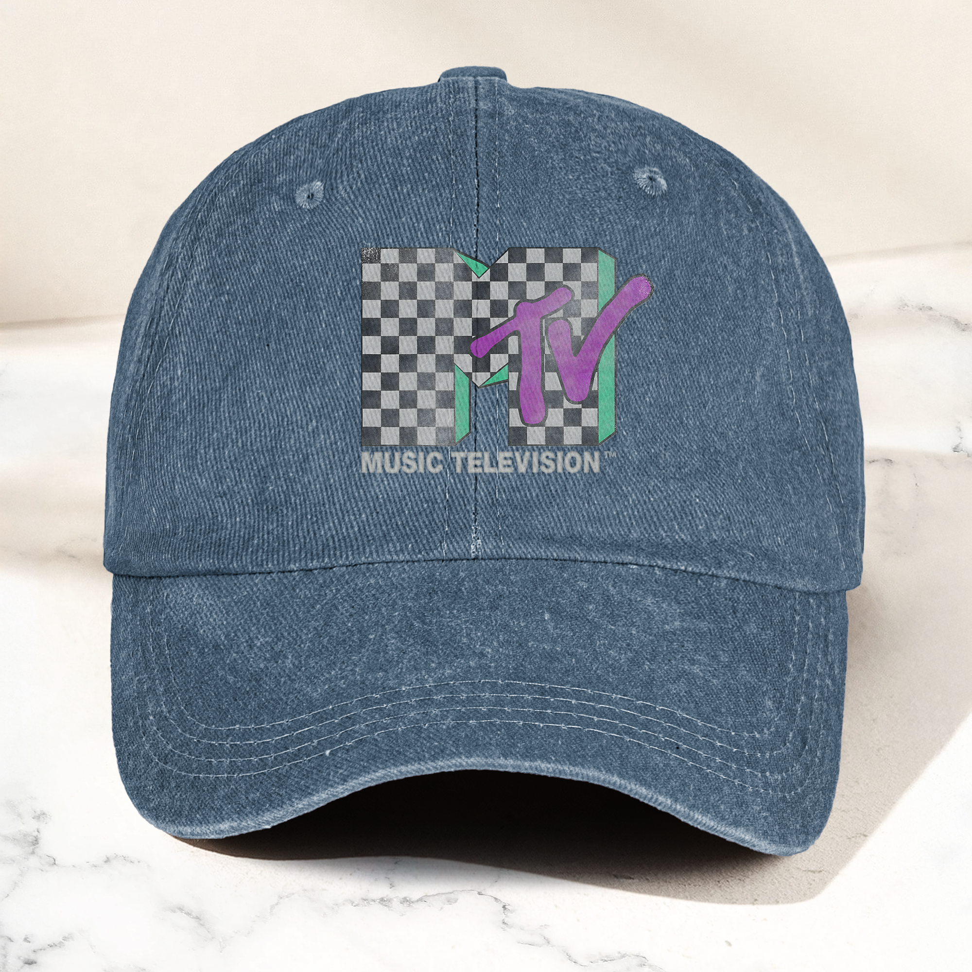 MTV Checkerboard Logo Cap Vintage Washed Hat, Retro 80s Music Television Streetwear Hat (With Box)