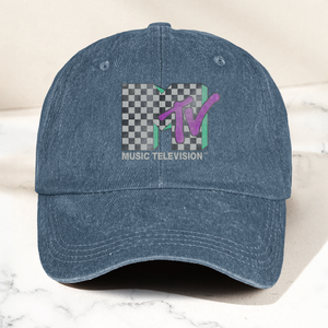 MTV Checkerboard Logo Cap Vintage Washed Hat, Retro 80s Music Television Streetwear Hat (With Box)