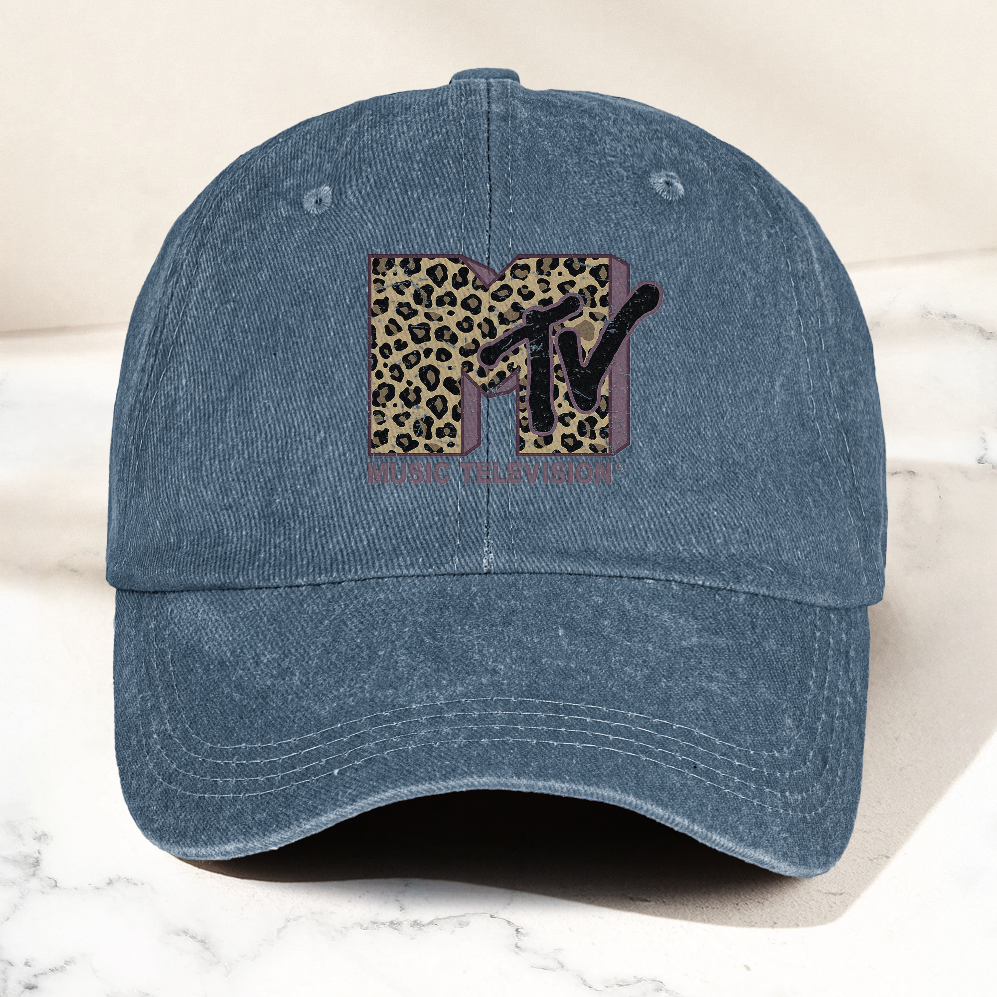 MTV Leopard Logo Cap Vintage Washed Hat, Retro Music Television Minimalist Streetwear Hat (With Box)