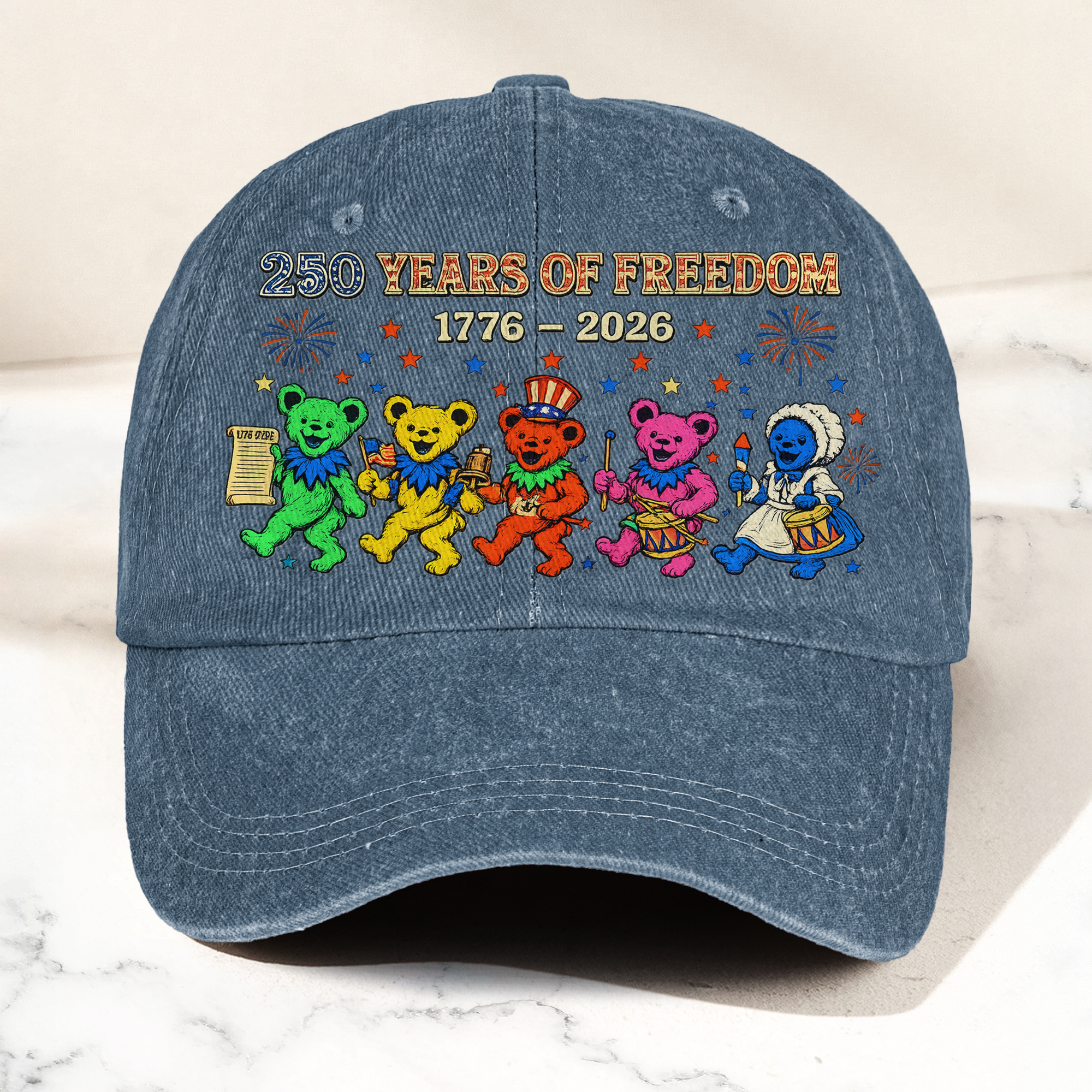 Grateful Dead 250 Years Of Freedom 1776 2026 4th of July Dancing Bears Denim Cap Retro Vintage Dad Cap Gift For Dad (With Box)