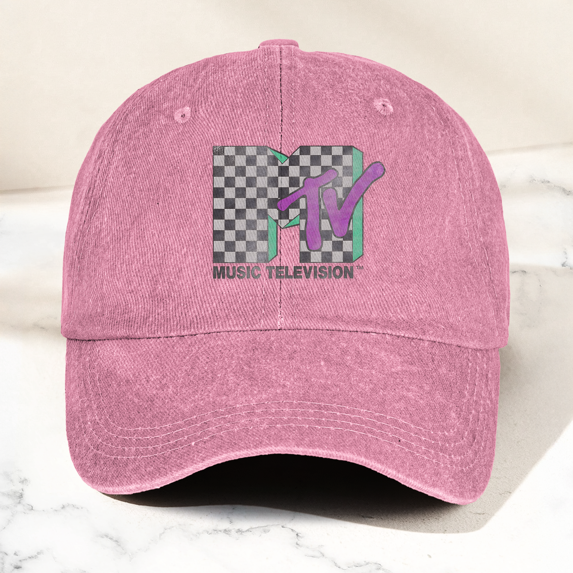 MTV Checkerboard Logo Cap Vintage Washed Hat, Retro 80s Music Television Streetwear Hat (With Box)