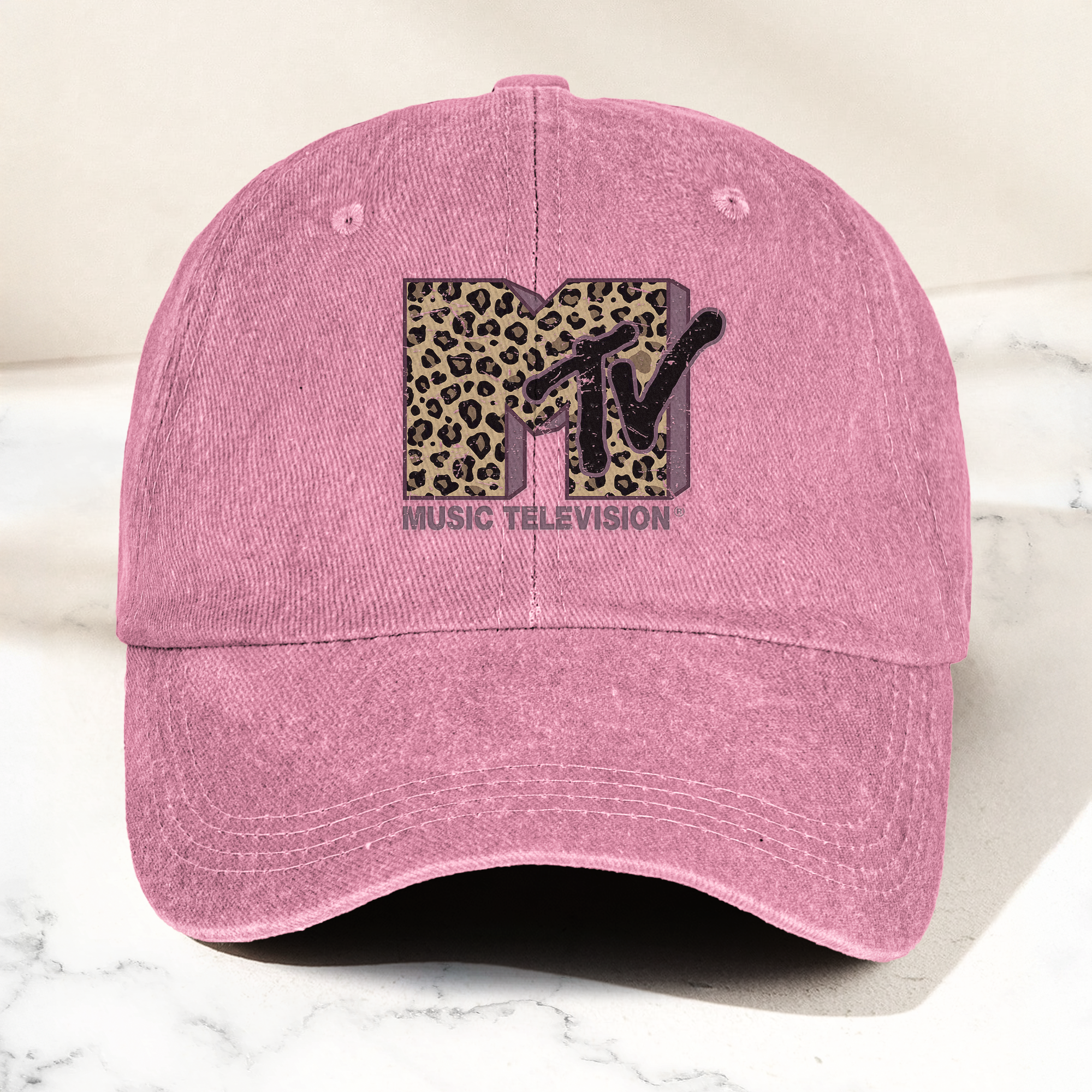 MTV Pink Leopard Logo Cap Vintage Washed Hat, Retro Music Television Aesthetic Streetwear Hat (With Box)