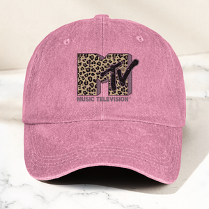 MTV Pink Leopard Logo Cap Vintage Washed Hat, Retro Music Television Aesthetic Streetwear Hat (With Box)