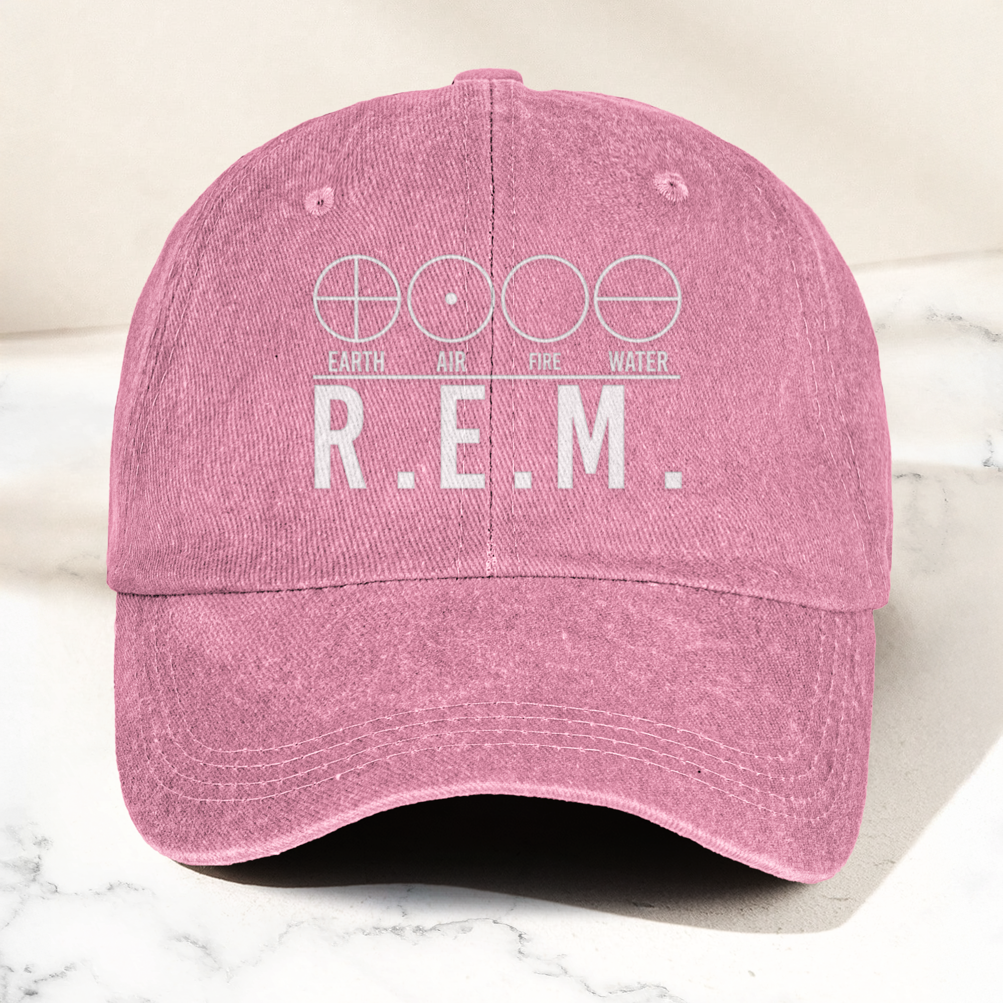 R.E.M Elements Logo Cap Vintage Washed Black Denim Dad Hat, Earth Air Fire Water Minimalist Band Hat (With Box)