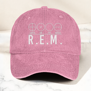 R.E.M Elements Logo Cap Vintage Washed Black Denim Dad Hat, Earth Air Fire Water Minimalist Band Hat (With Box)