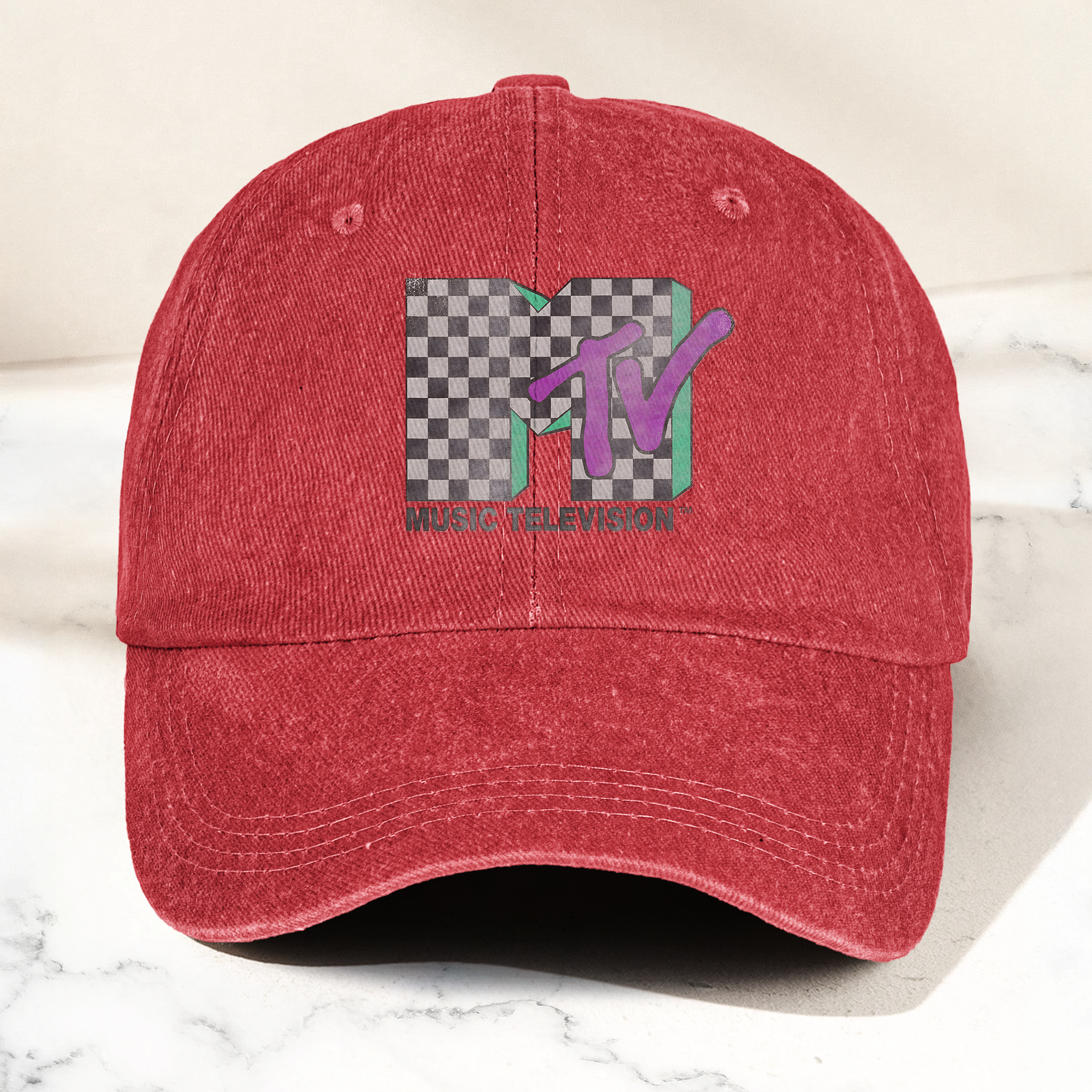 MTV Checkerboard Logo Cap Vintage Washed Hat, Retro 80s Music Television Streetwear Hat (With Box)