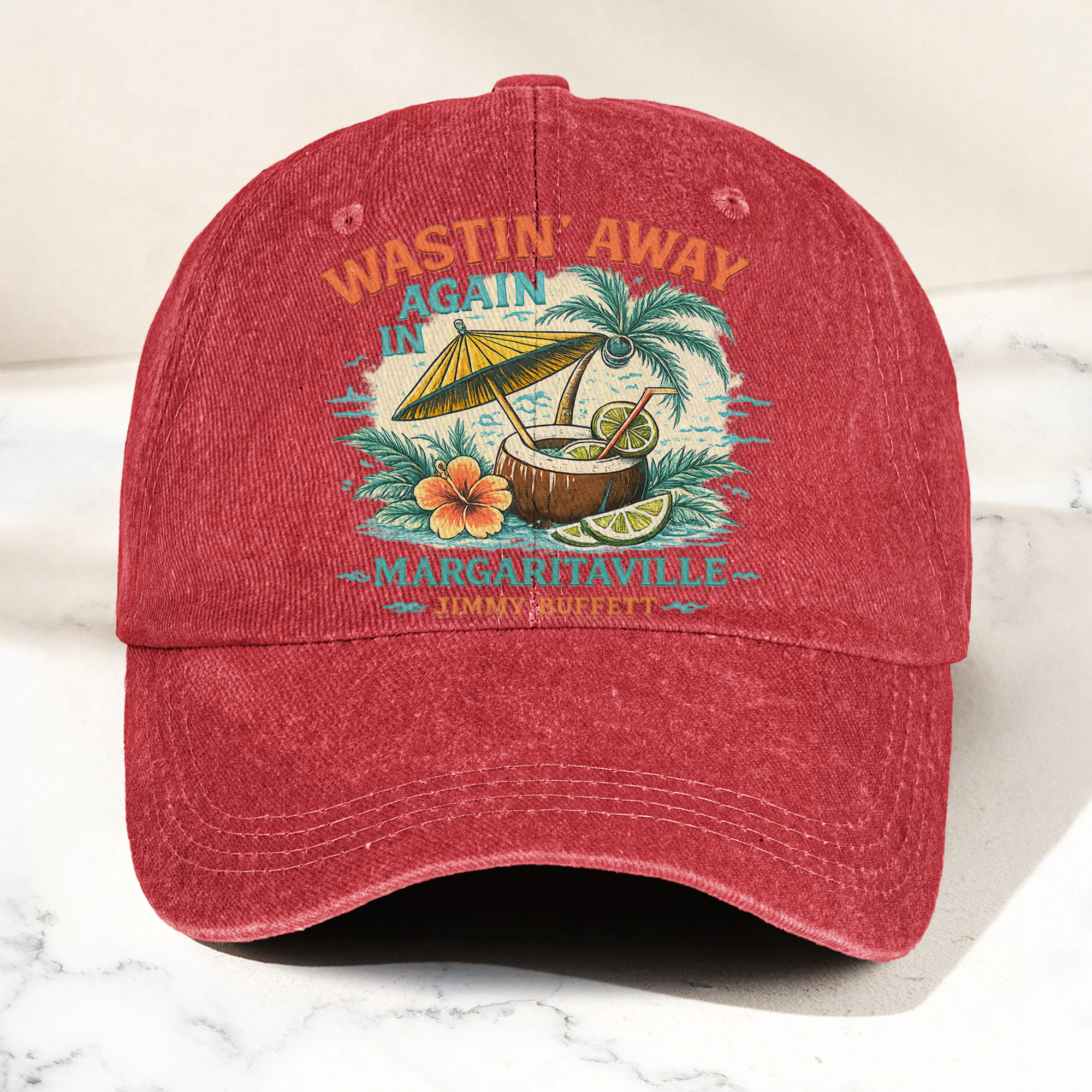 Jimmy Buffett Margaritaville Wastin Away Again Tropical Cocktail Beach Denim Cap Retro Vintage Dad Cap Gift For Dad (With Box)