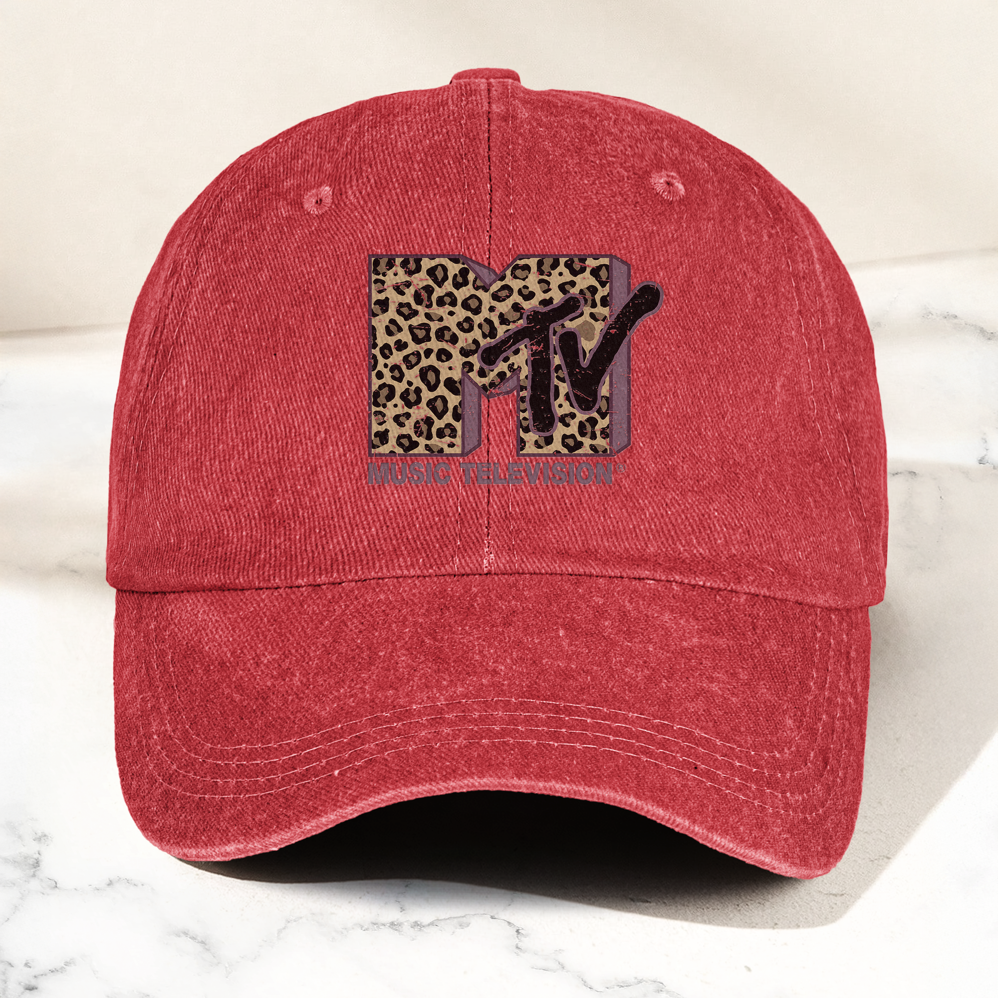 MTV Leopard Logo Cap Vintage Washed Hat, Retro Music Television Minimalist Streetwear Hat (With Box)