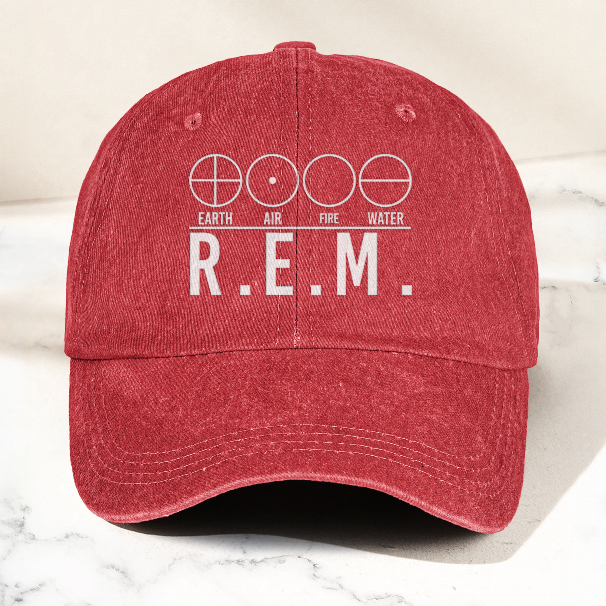 R.E.M Elements Logo Cap Vintage Washed Black Denim Dad Hat, Earth Air Fire Water Minimalist Band Hat (With Box)
