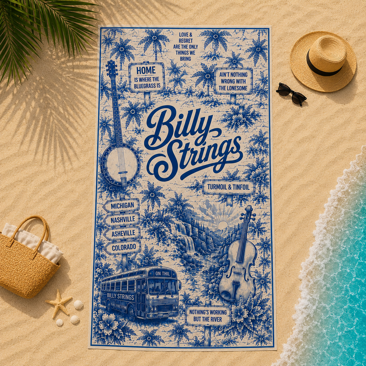 Billy Strings Bluegrass Toile Style Beach Towel Vintage Tropical Toile Banjo & Fiddle Design for Music Fans