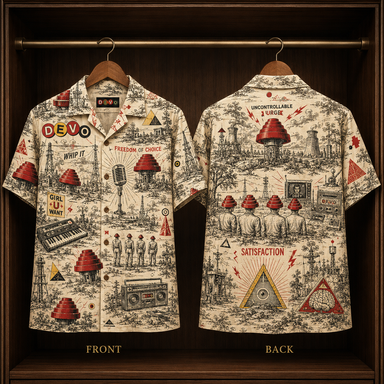 DEVO Hawaiian Shirt - Retro New Wave Band AOP Button Up Shirt with Whip It and Freedom of Choice Art