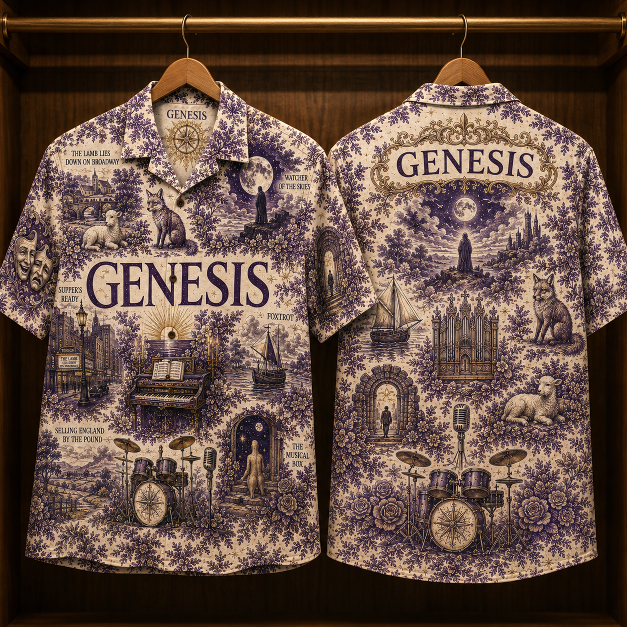 Genesis Hawaiian Shirt - Unisex Vintage Toile De Jouy Lavender Purple Button Up