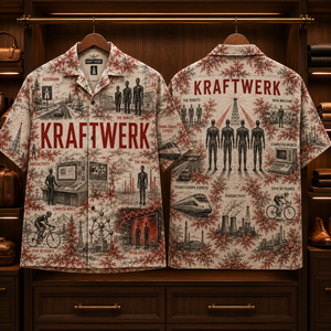 Kraftwerk Hawaiian Shirt - Retro Electronic Band AOP Button Up Shirt with Autobahn, The Robots and Computer World Art