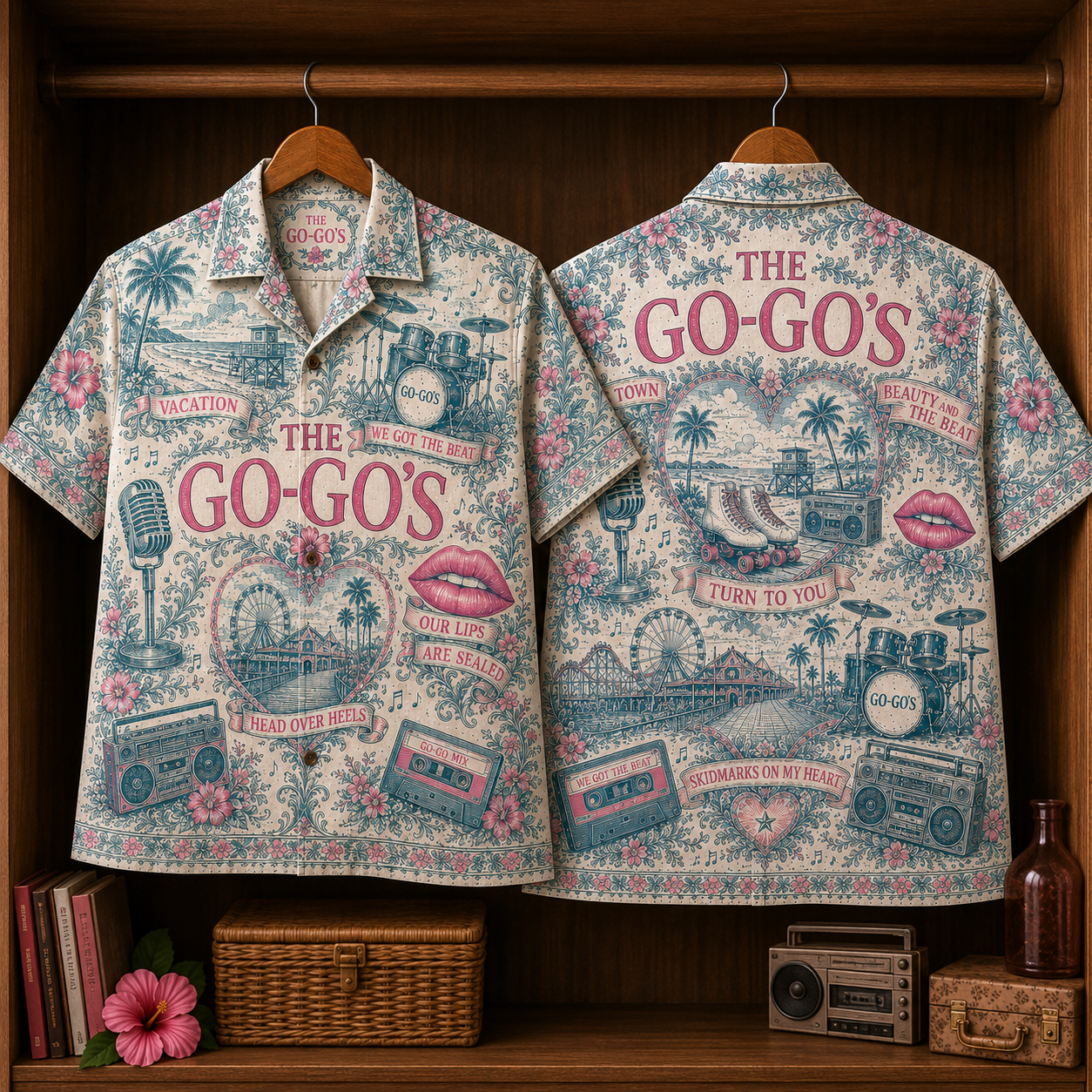 The Go-Go’s Hawaiian Shirt - Retro 80s Pop Rock Button Up Shirt with Vacation, We Got the Beat and Our Lips Are Sealed Art