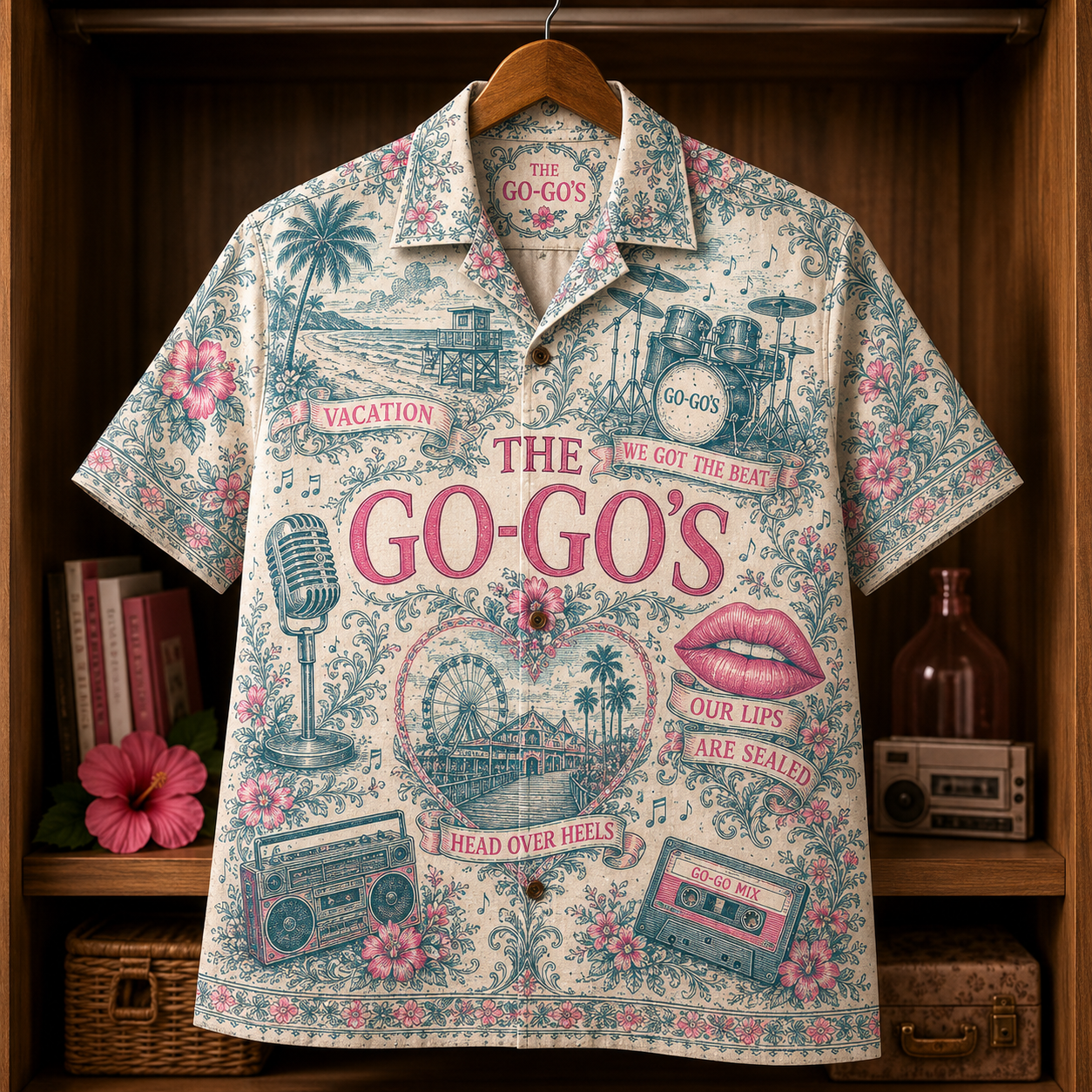 The Go-Go’s Hawaiian Shirt - Retro 80s Pop Rock Button Up Shirt with Vacation, We Got the Beat and Our Lips Are Sealed Art