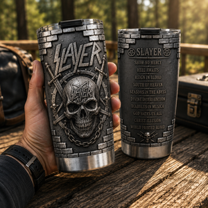 Slayer Reign in Blood Insulated Tumbler 3D Embossed Skull & Swords Travel Cup
