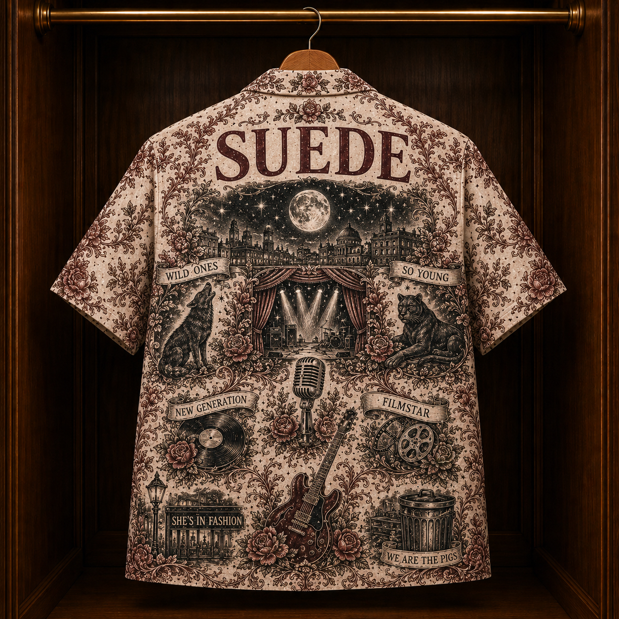 Suede Hawaiian Shirt - Unisex Vintage Toile De Jouy Beautiful Ones Button Up