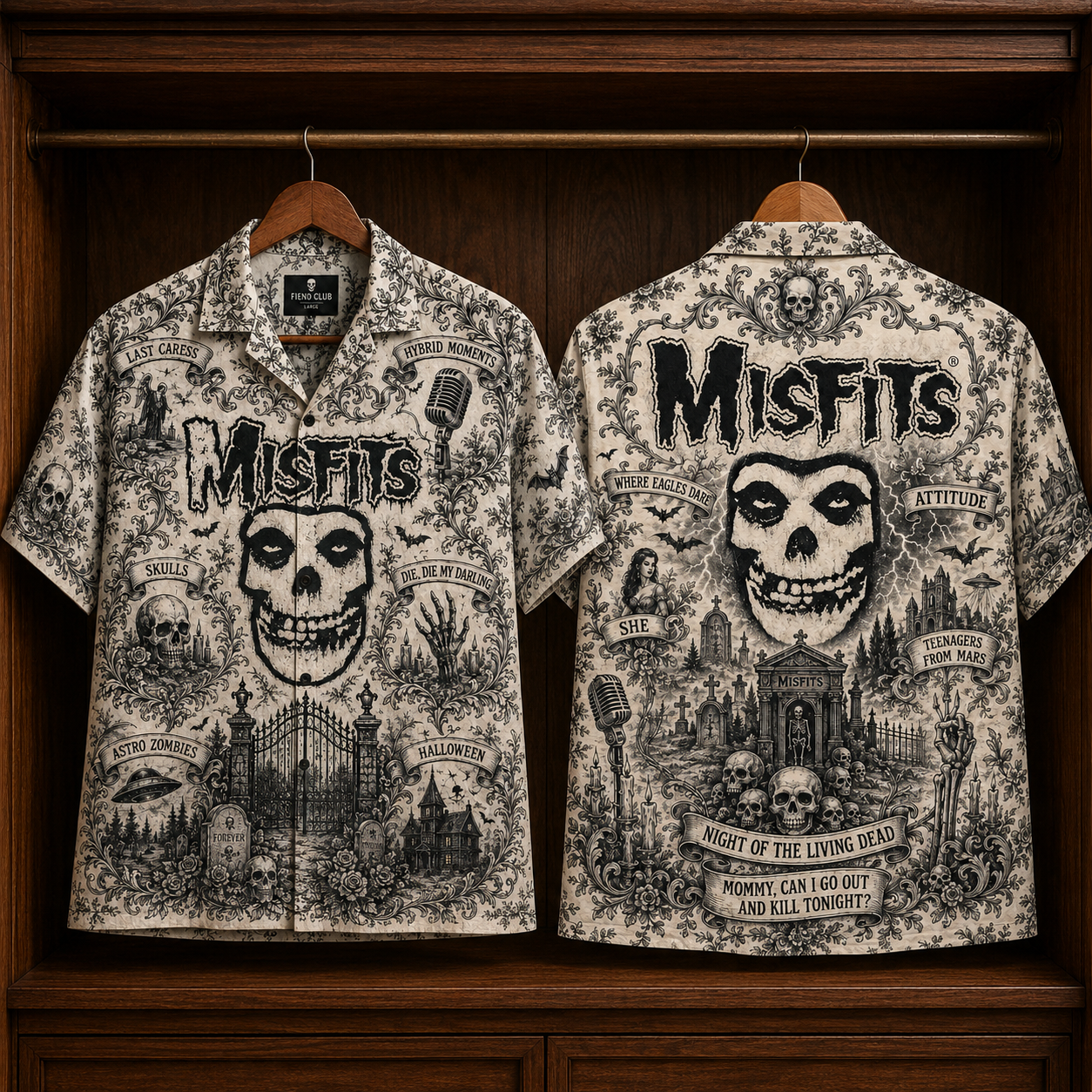 Misfits Hawaiian Shirt - Unisex Vintage Toile De Jouy Fiend Skull Button Up