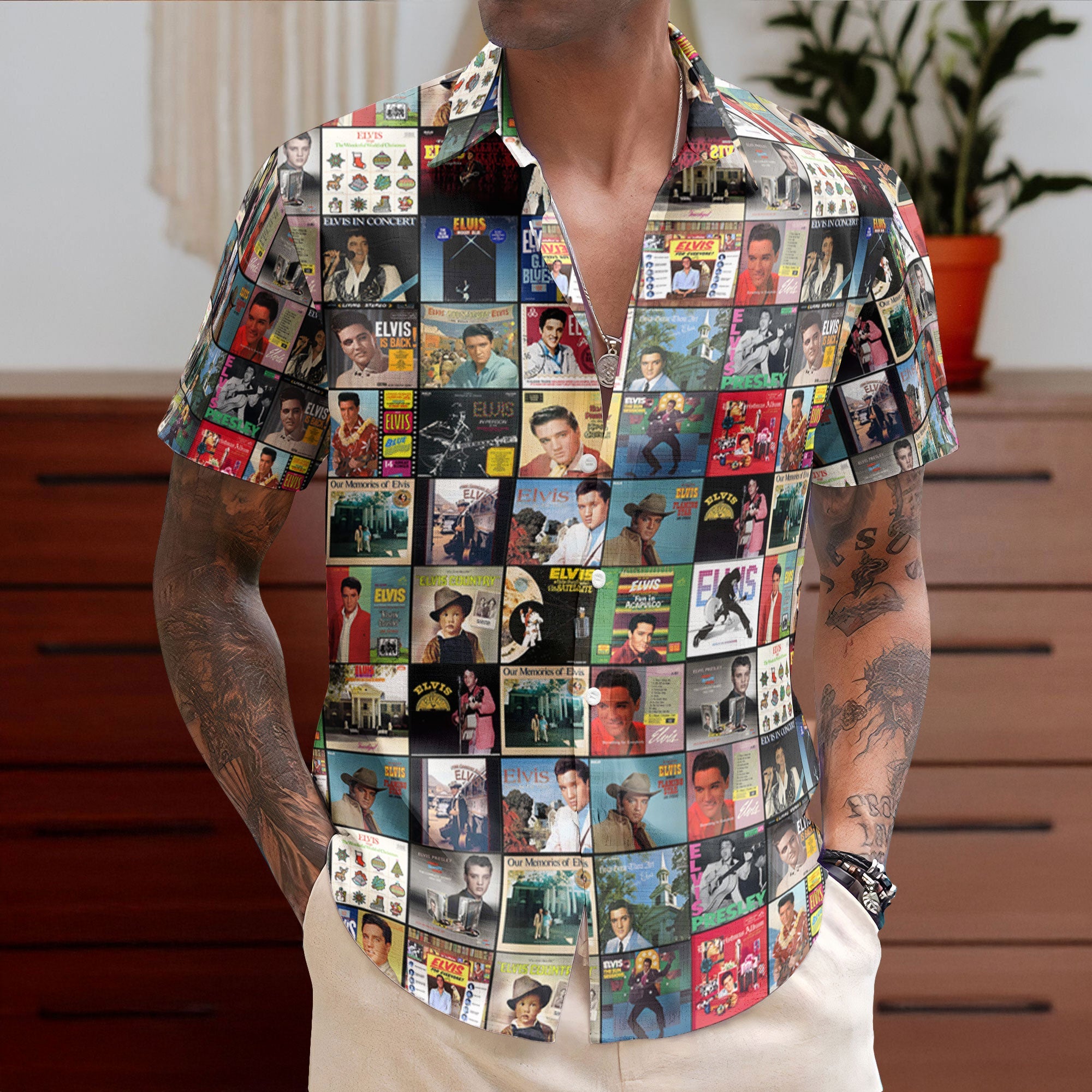 Elvis Presley Retro Music Album Art Mosaic Grid Colorful Hawaiian Shirt – Retro Music Album Art Inspired Unisex Shirt