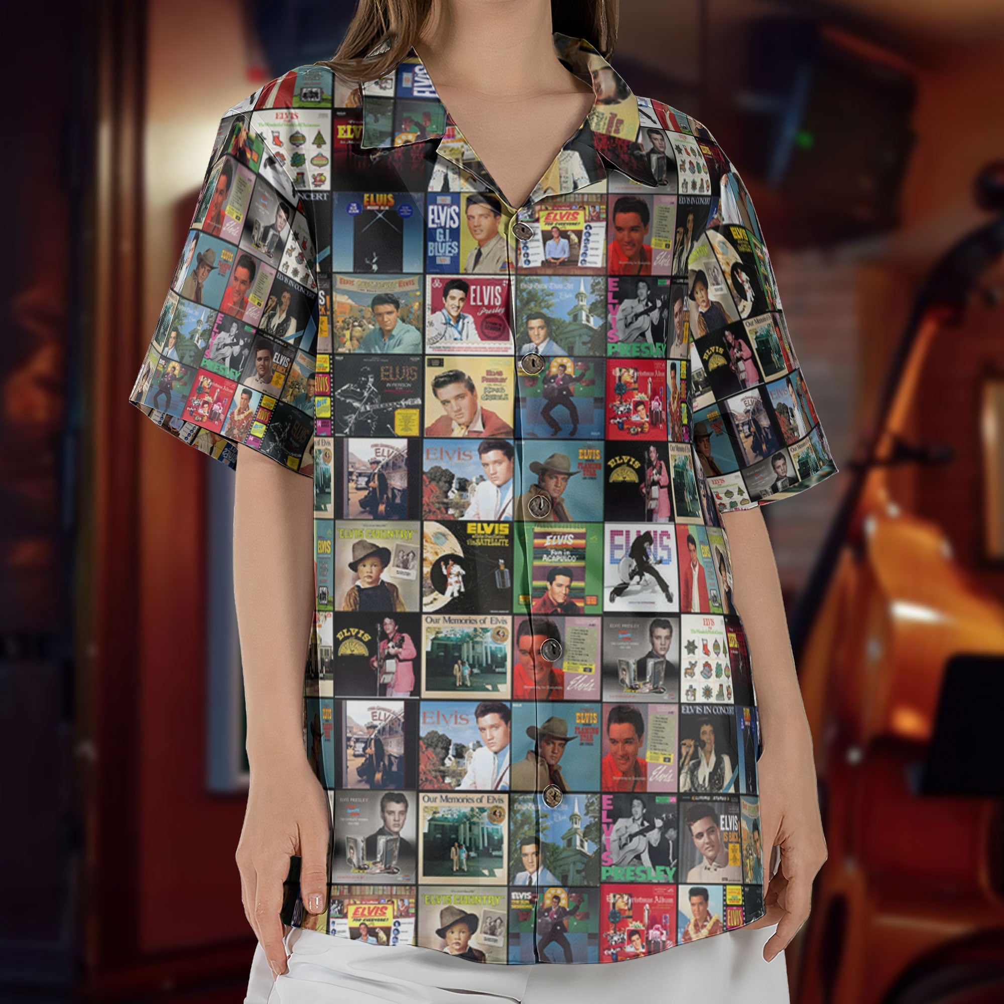 Elvis Presley Retro Music Album Art Mosaic Grid Colorful Hawaiian Shirt – Retro Music Album Art Inspired Unisex Shirt