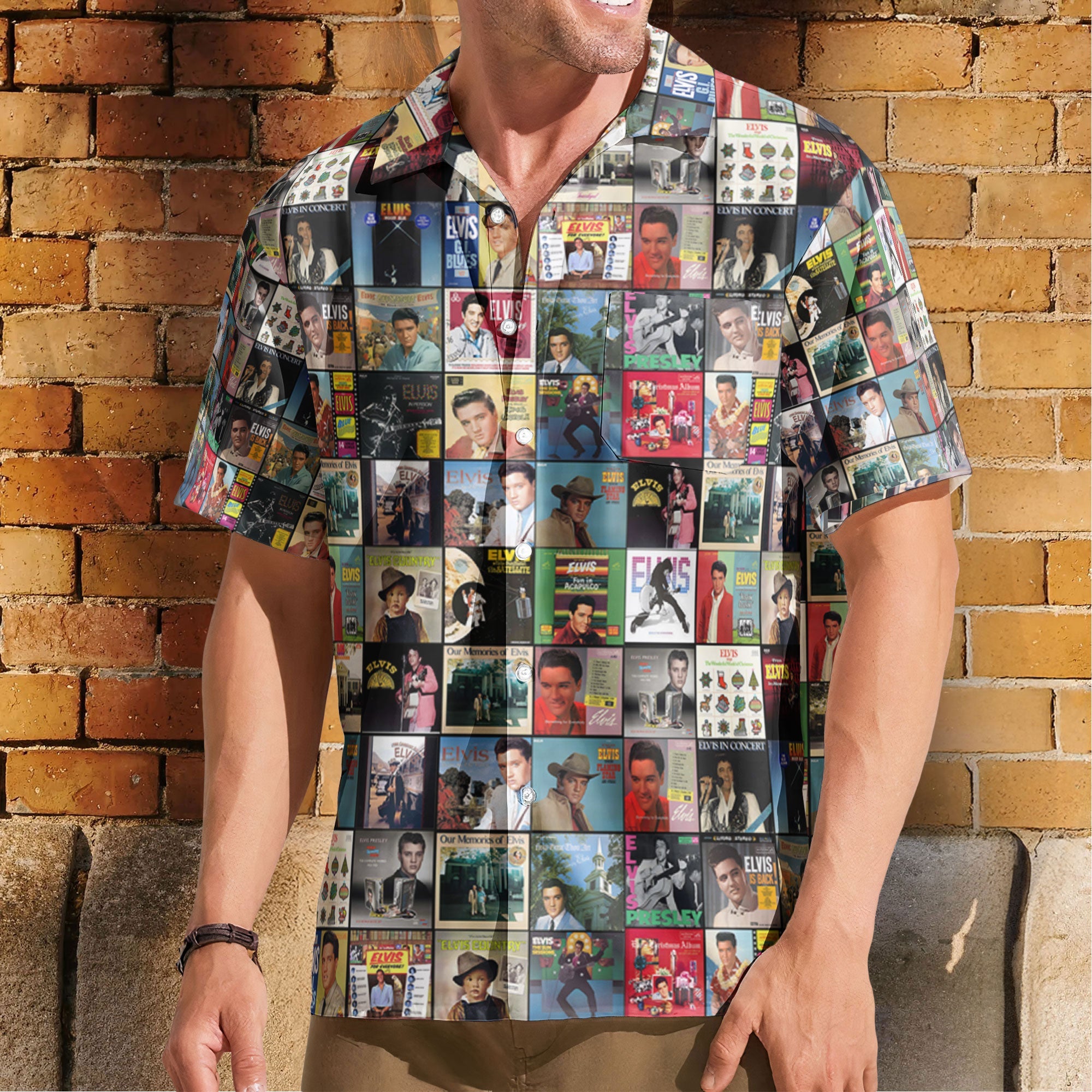 Elvis Presley Retro Music Album Art Mosaic Grid Colorful Hawaiian Shirt – Retro Music Album Art Inspired Unisex Shirt