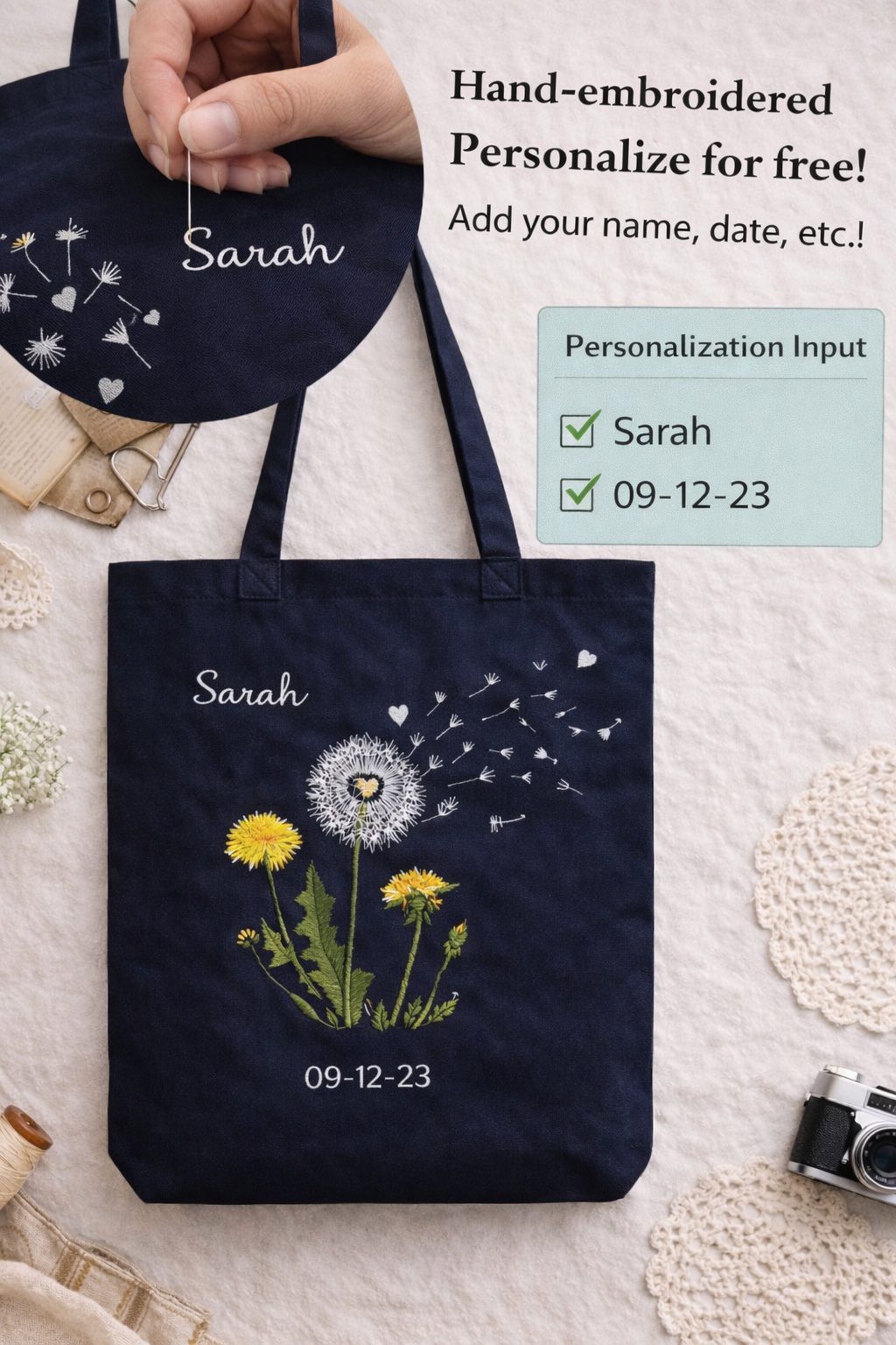 Floral Tote Purse with Hand-Stitched Design