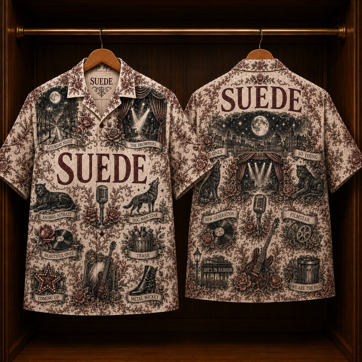 Suede Hawaiian Shirt - Unisex Vintage Toile De Jouy Beautiful Ones Button Up