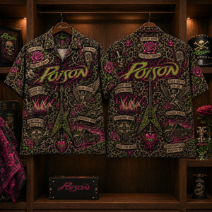Poison Hawaiian Shirt - Glam Metal Rock Band Button Up Shirt with Every Rose Has Its Thorn, Talk Dirty and Unskinny Bop Art
