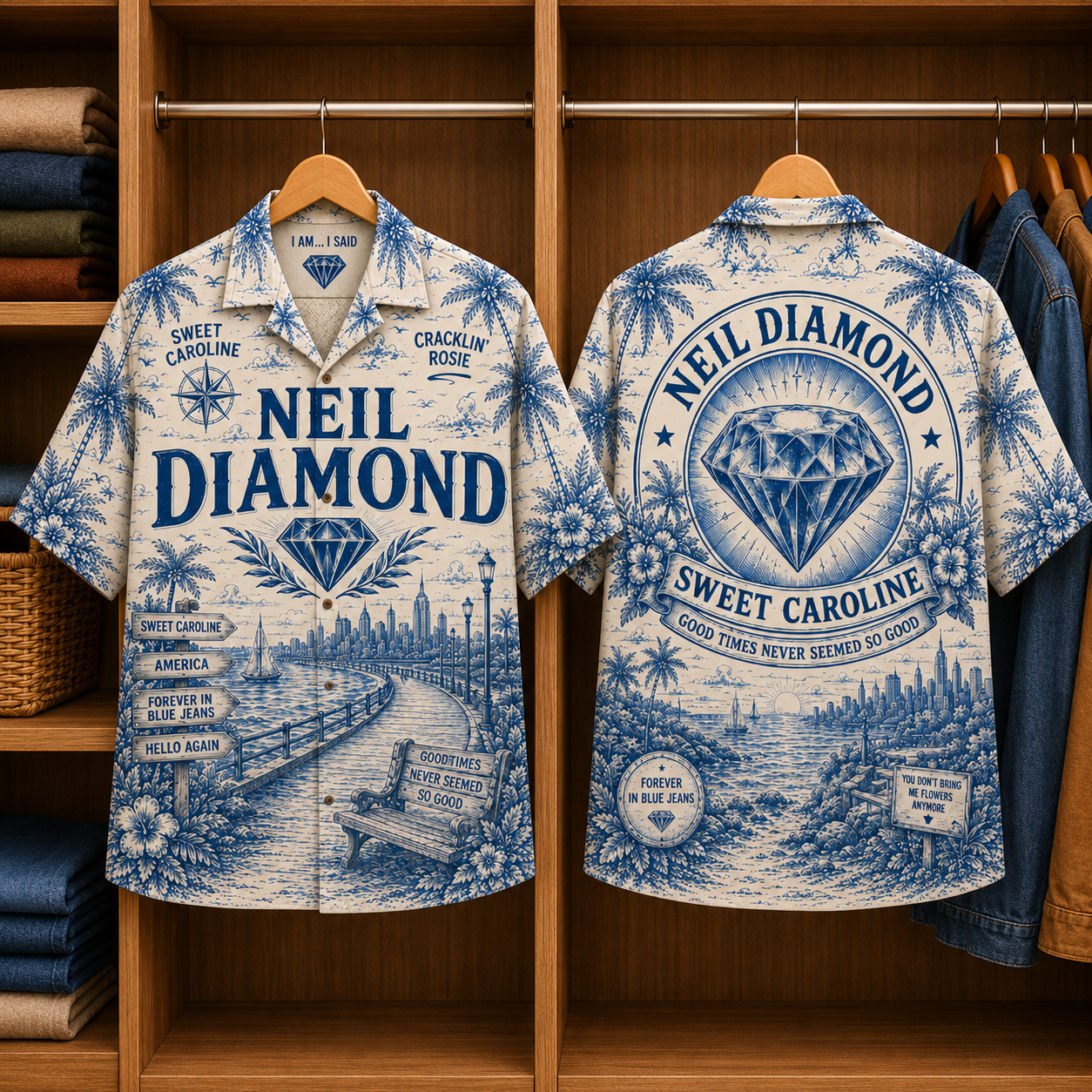 Neil Diamond Special Edition Tropical Blue Hawaiian Shirt - Unisex Music Collage Button Up