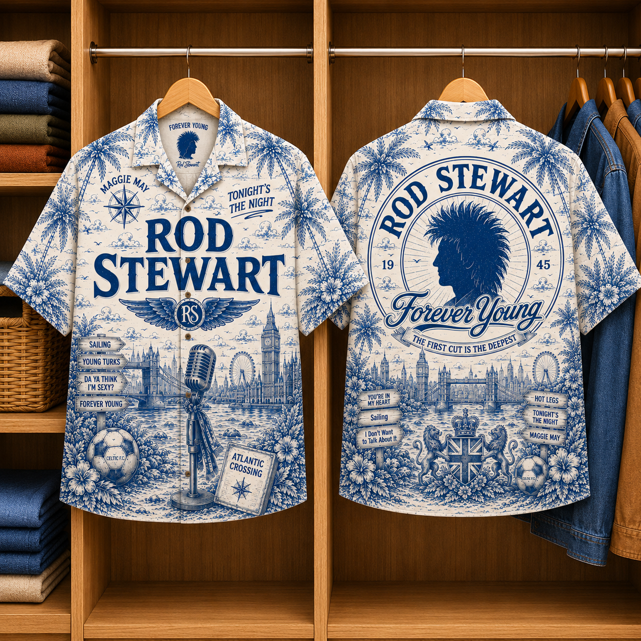 Rod Stewart Special Edition Tropical Blue Hawaiian Shirt - Unisex Music Collage Button Up