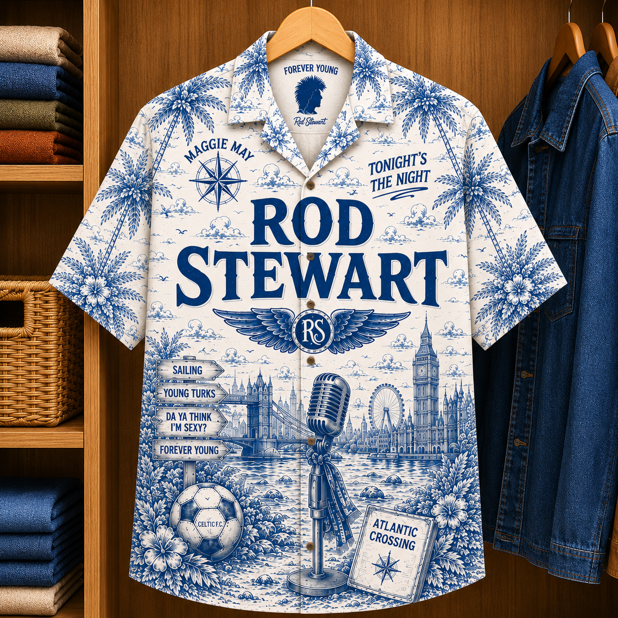 Rod Stewart Special Edition Tropical Blue Hawaiian Shirt - Unisex Music Collage Button Up