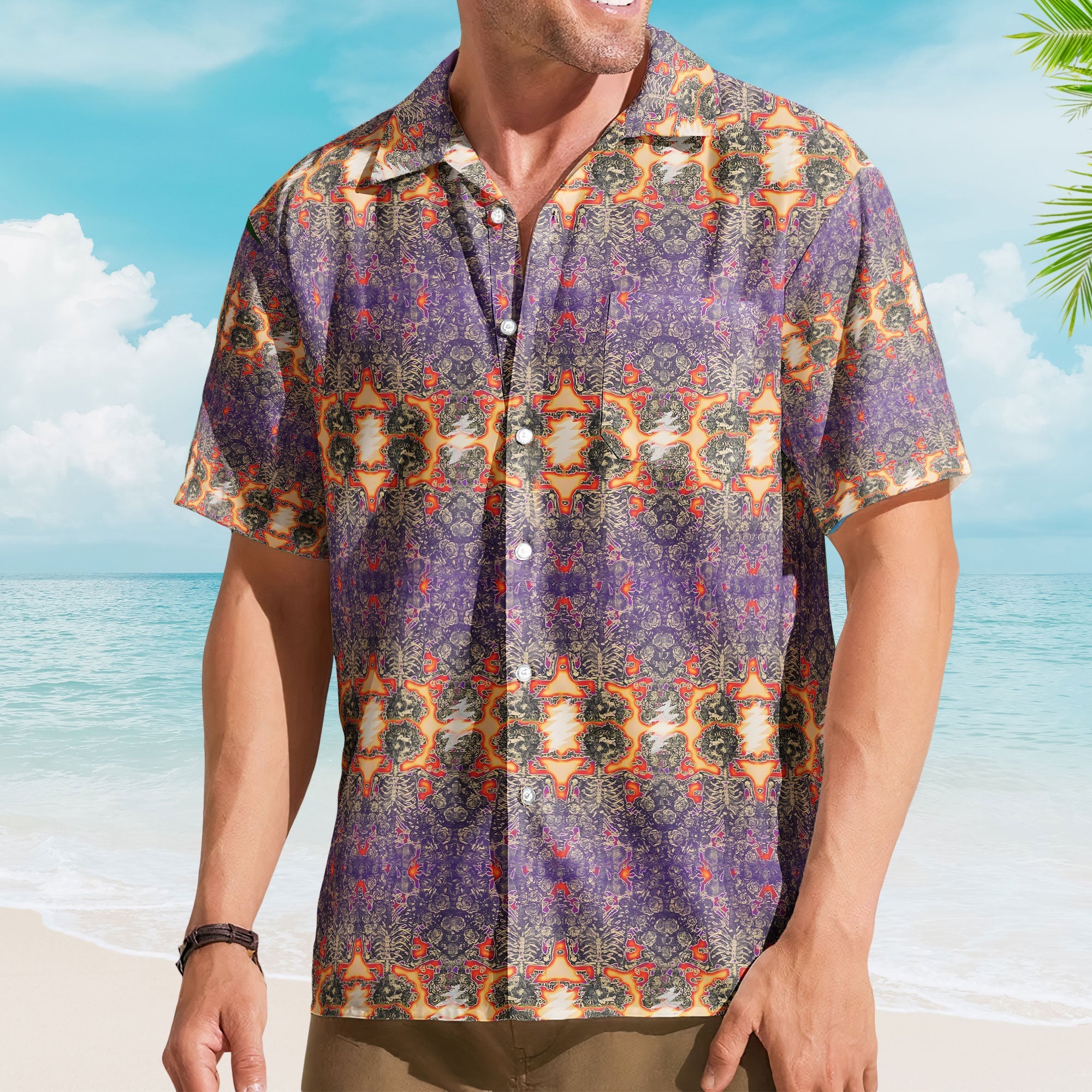 Grateful Dead Inspried Unisex Hawaiian Shirt – Skull & Roses Bolt All-Over Print Button-Up