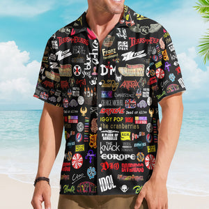 Rock Band Logos Hawaiian Shirt - Unisex 80s Synth Pop Alternative Rock Collage Button Up
