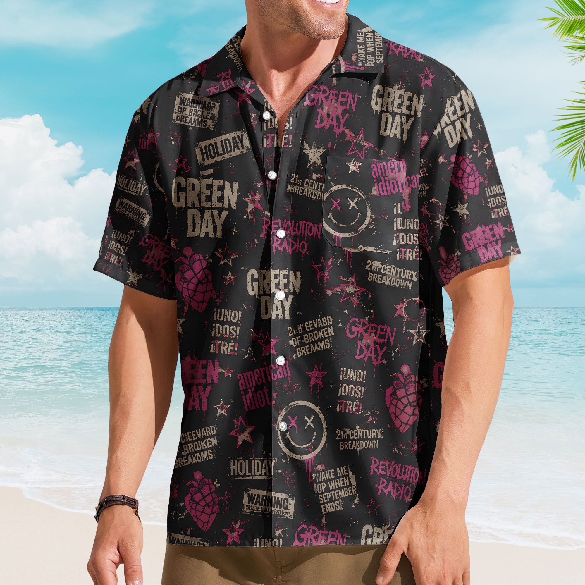 Green Day Hawaiian Shirt - Unisex Punk Rock American Idiot Pink Heart Button Up